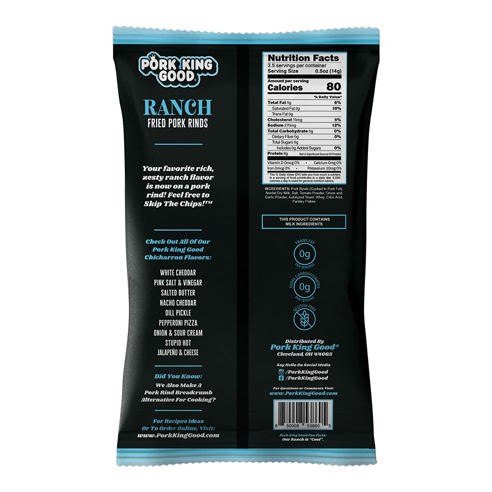 Pork King Good Ranch Pork Rinds (Chicharrones) - 24 Pack Keto-Friendly Snacks | Low Carb, Gluten-Free Crunchy Treat for Ketogenic Diet, Weight Loss & Healthy Lifestyle | Perfect for Parties, Movie Nights & On-the-Go Snacking