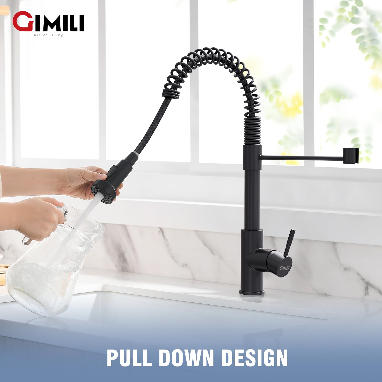 GIMILI Black Commercial Kitchen Faucet with Pull Down Sprayer - Single Handle Spring Kitchen Sink Faucet - Matte Black Stainless Steel Water Tap for Restaurant & Home Use