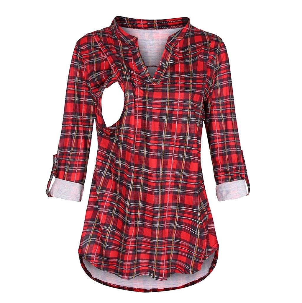 Women's Maternity Flannel Shirts - Soft 3/4 Sleeve Plaid Nursing Tops for Pregnancy & Postpartum | Cozy Christmas Pajama Pullover for Breastfeeding Moms | Perfect for Lounging, Sleeping & Nursing at Home