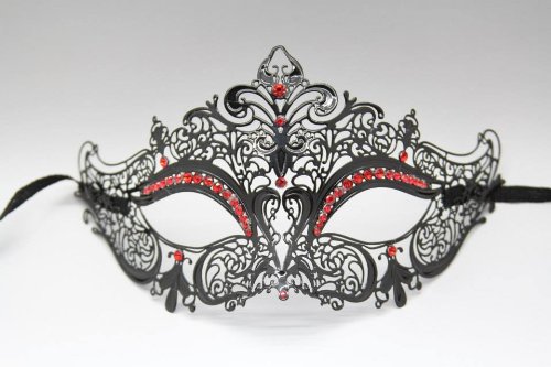 Elegant Red Metal Laser Cut Masquerade Mask with Diamonds - Venetian Ball Mask for Halloween, Costume Parties & Mardi Gras Celebrations
