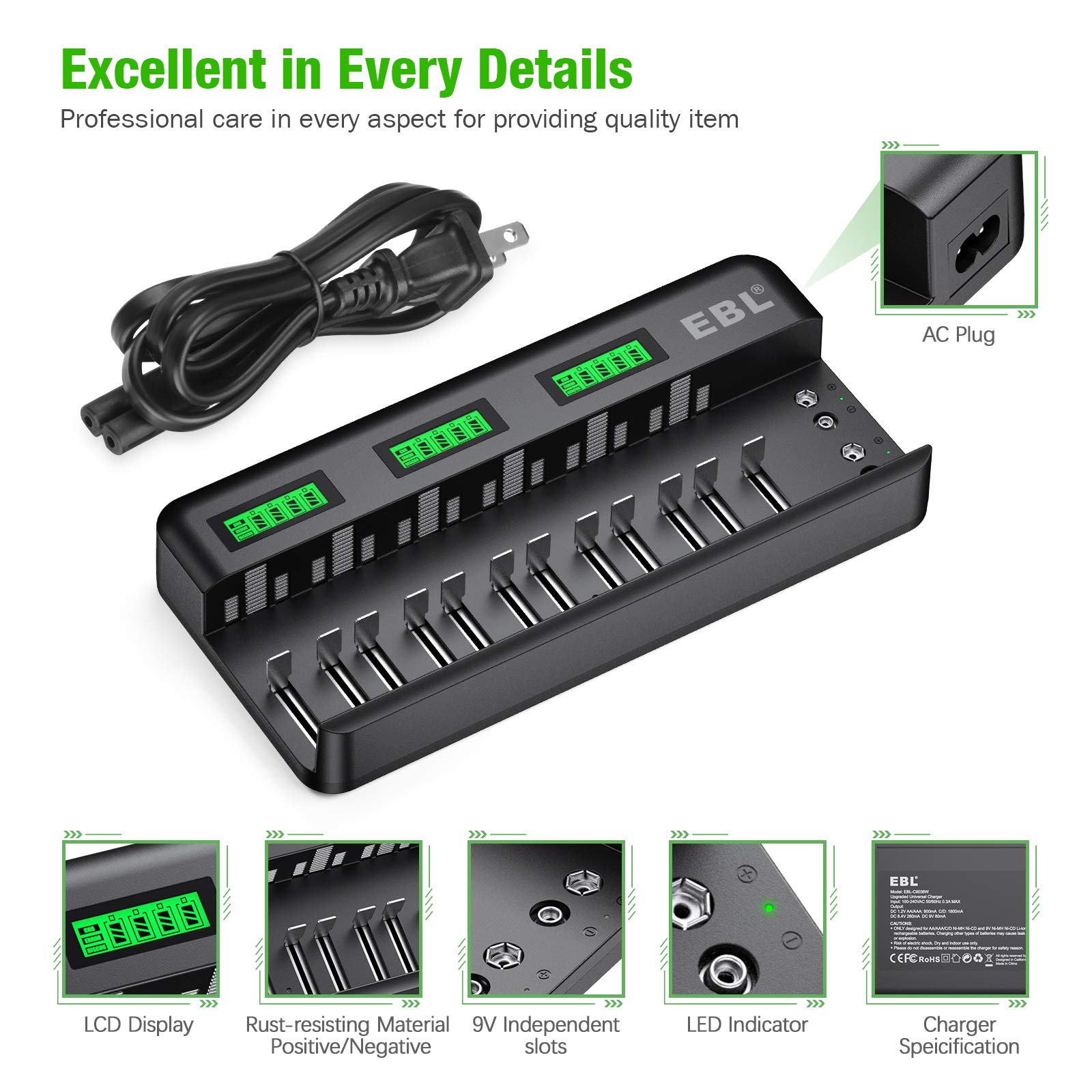 EBL 12+2 Bay LCD Rechargeable Battery Charger for AA AAA C D 9V Ni-MH Ni-CD Li-ion Batteries - Fast Charging with AC Power Supply - Perfect for Cameras, Toys, Flashlights & Home Electronics