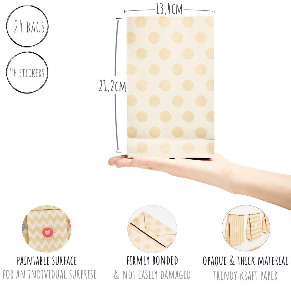 24 Premium Recyclable Kraft Paper Gift Bags with Stickers - DIY Advent Calendar, Christmas Gifts & Party Favors - Perfect for Holiday Wrapping, Birthday Presents & Wedding Favors