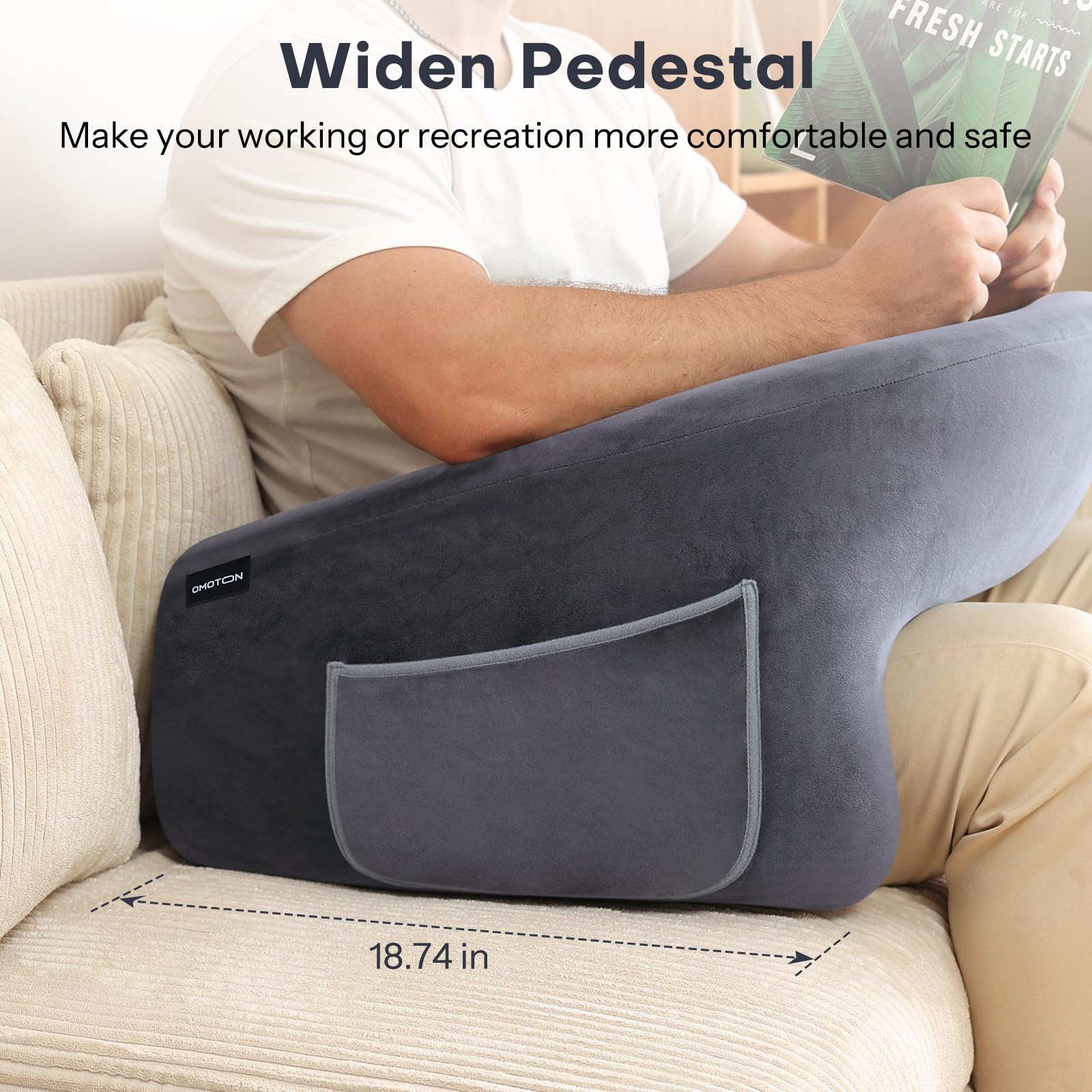OMOTON Extra Large Memory Foam Reading Pillow - Lap Desk Pillow for Adults, Gaming Pillow with Arm Rest - Perfect for Reading, Working & Playing in Bed or Sofa - Comfortable Body Support (Deep Grey) - Ideal for Home Office, Gaming Setup & Relaxation