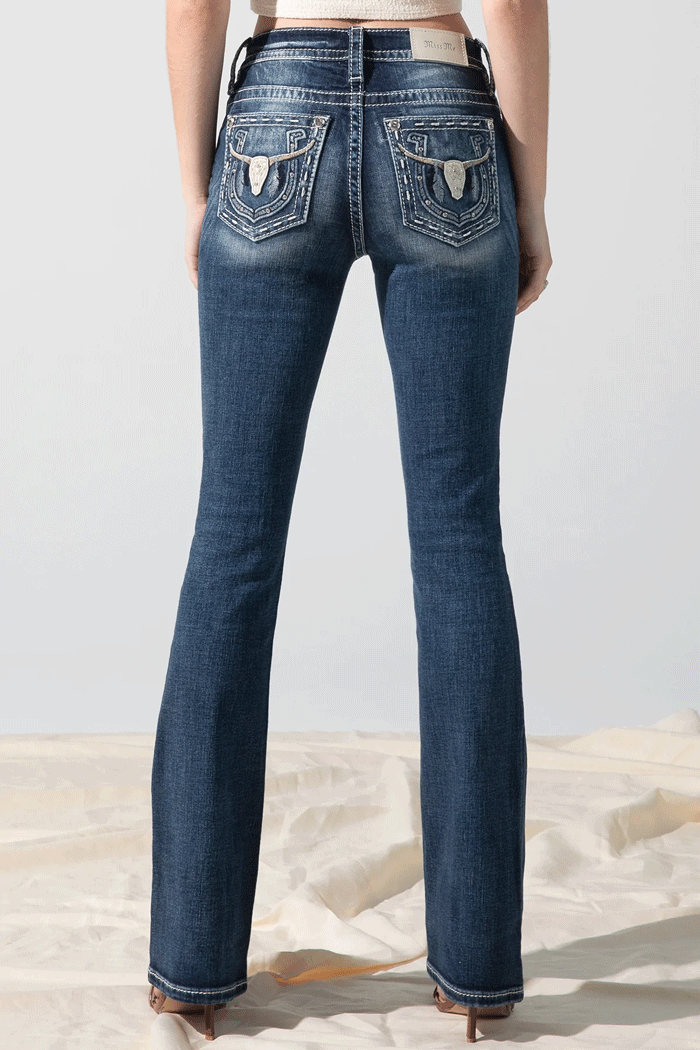 Miss Me M3914B Women's All Night Longhorn Bootcut Jeans - Dark Blue Denim for Casual Wear & Western Style Outfits