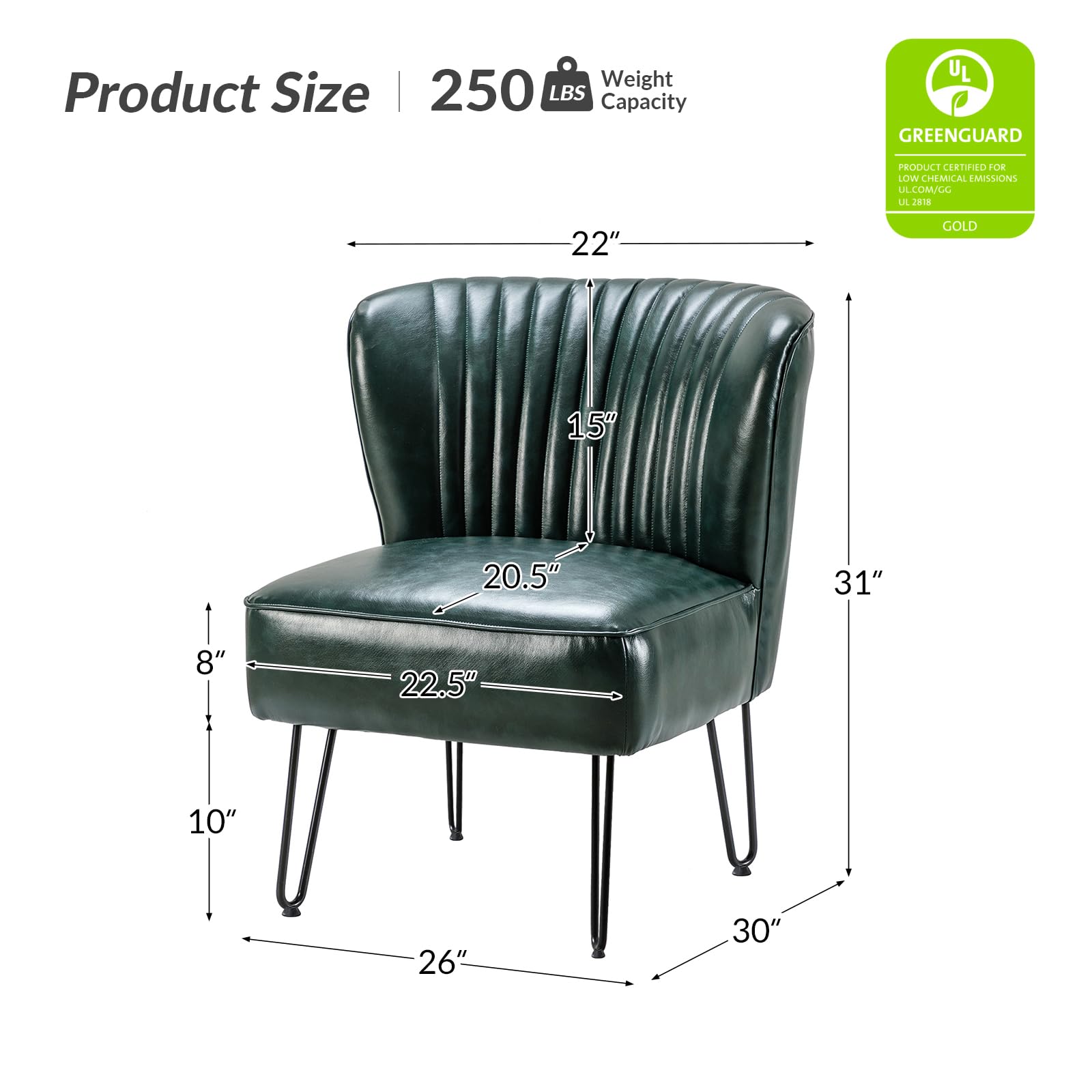 Mid Century Modern Faux Leather Accent Chairs Set of 2 - Green Upholstered Armless Side Chairs with Metal Base for Living Room & Bedroom | HULALA HOME | Perfect for Small Spaces, Reading Nooks & Guest Seating