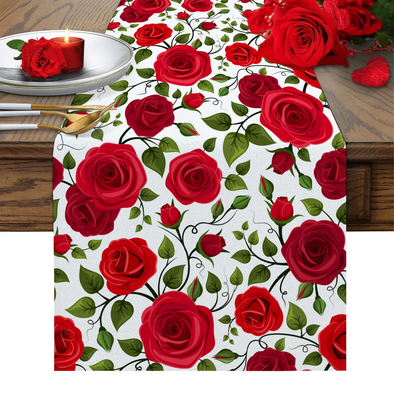 72-inch Burlap Linen Table Runner with Valentine's Roses - Farmhouse Spring Red Flowers Decor for Kitchen, Dining Table, Coffee Table, Dresser | Perfect for Weddings, Parties, Valentine's Day Banquets & Home Decor