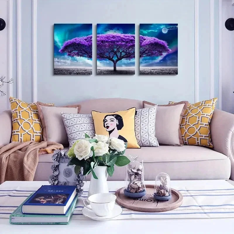 3pcs Aurora Purple Tree Scenery Metal Wall Art - Ready to Hang Landscape Prints for Living Room, Bedroom & Office Decor