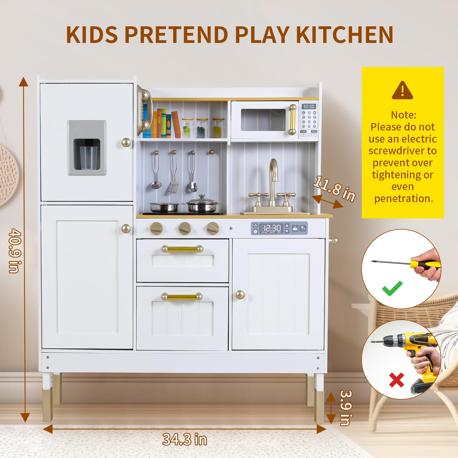 **Arlopu Wooden Play Kitchen for Kids - Pretend Cooking Set with Realistic Light & Sound, Stove, Fridge, Microwave & Removable Sink - Interactive Toy Kitchen for Toddlers & Preschoolers (White) - Perfect for Role Play, Birthday Gifts & Indoor Pretend Play**