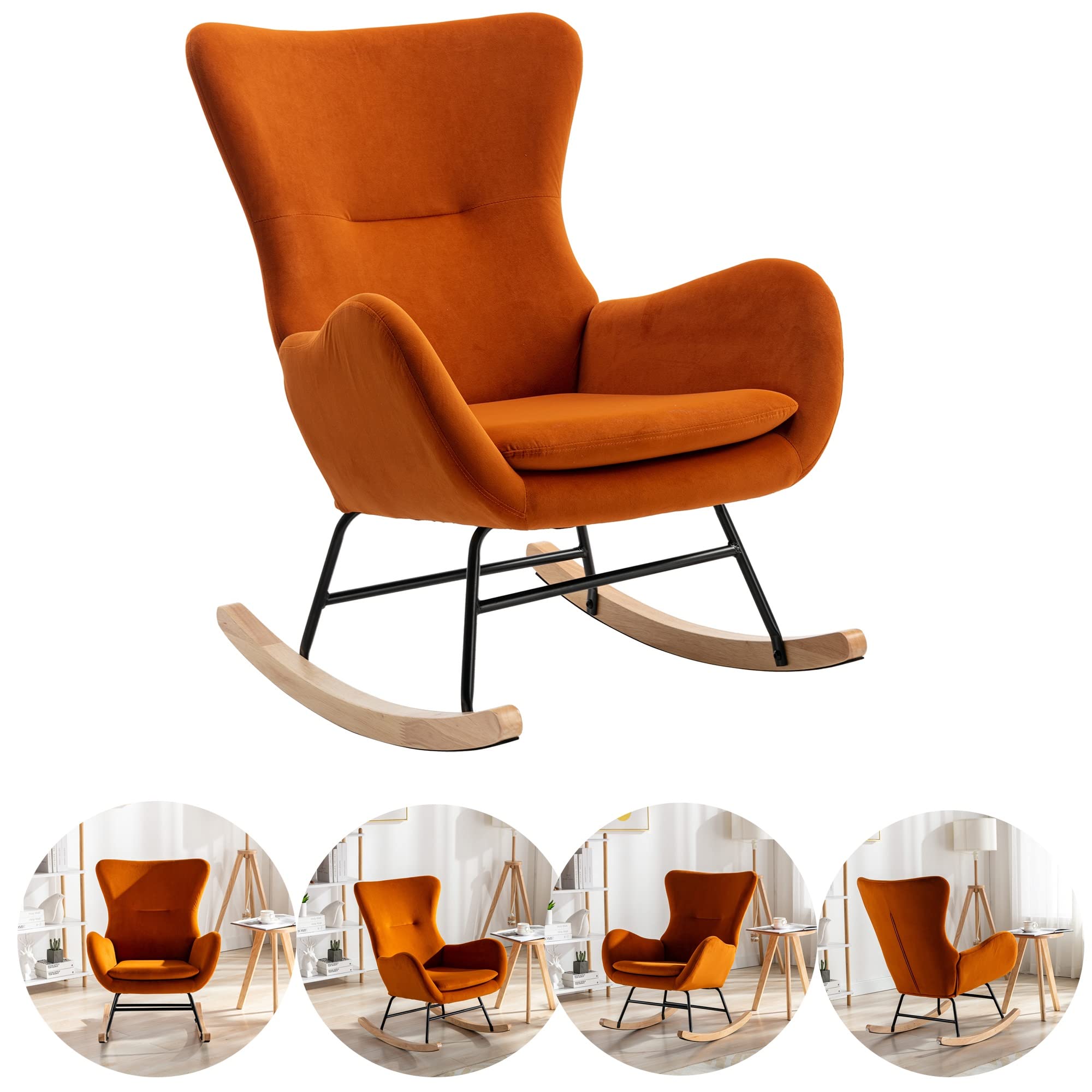 IREH Velvet Rocking Chair - High Back Padded Seat with Armrests, Nursery Rocker for Living Room, Bedroom & Balcony - Comfortable for Adults & Kids | Perfect for Reading Nook, Baby Nursery & Relaxation