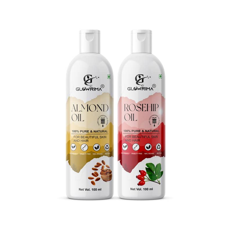 **Glowrima 100% Pure Almond Oil & Rosehip Oil Combo (100ML Each) – Promotes Hair Growth, Reduces Hair Fall, Repairs Split Ends for Softer, Shinier Hair – Natural Hair Care for Dry, Damaged Hair – Perfect for Daily Scalp Massage & Overnight Hair Treatment**