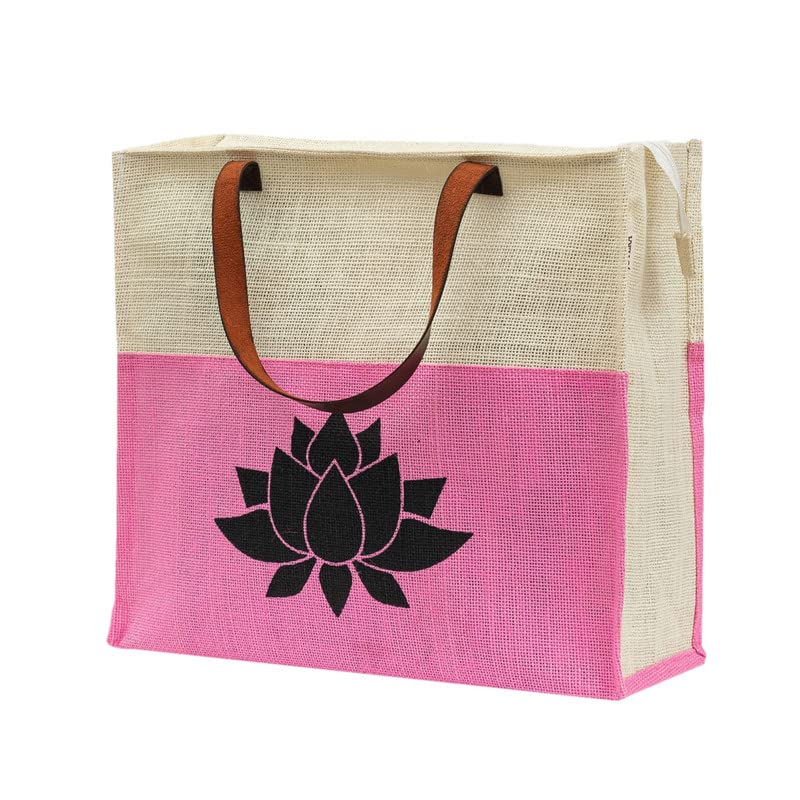 JUTEKA Lotus Print Jute Tote Bag with Leather Handles - Eco-Friendly Reusable Shopping Bag for Grocery, Office, Lunch & Picnic | Perfect for Farmers Market, Work Commute & Outdoor Activities