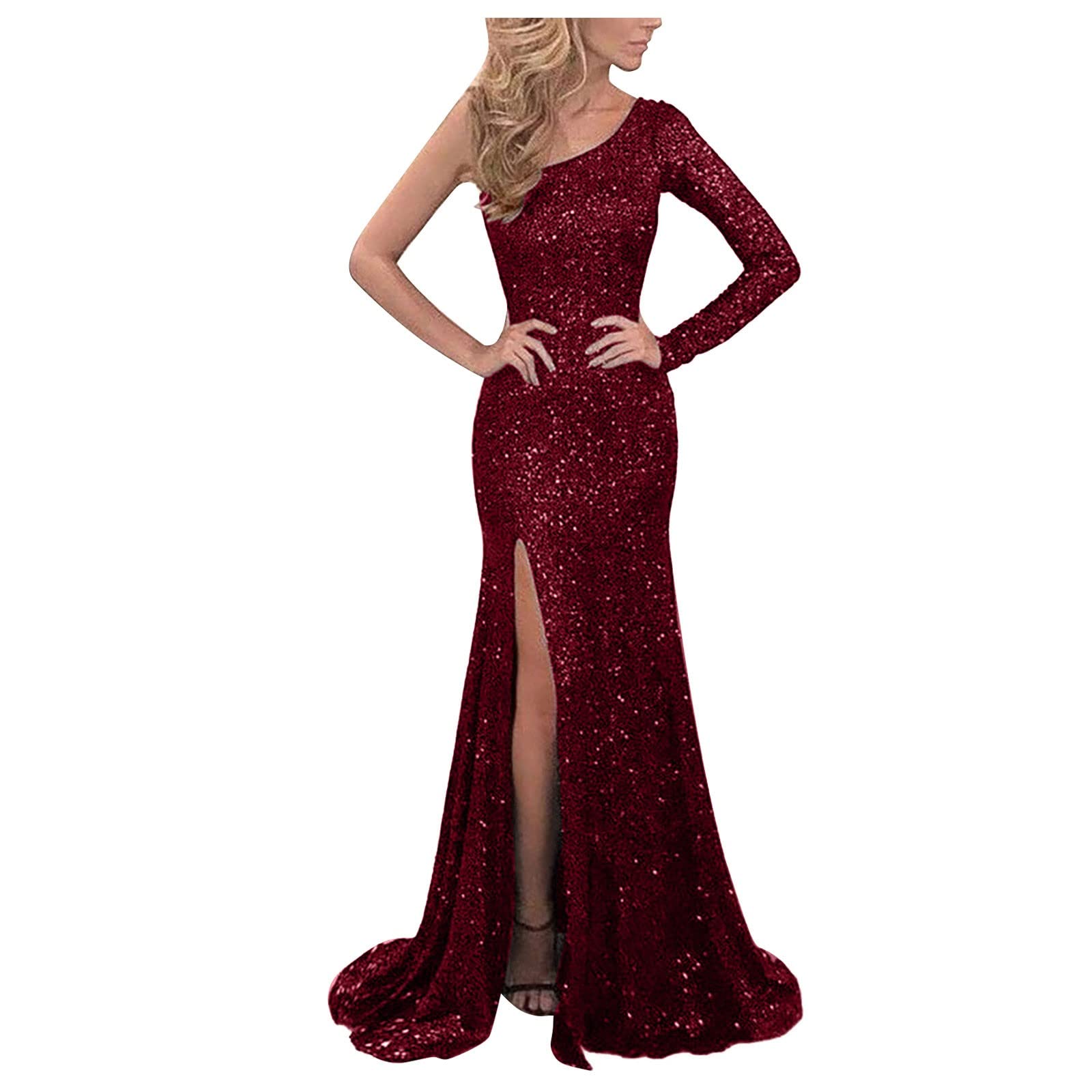 Sparkly Sequin Maxi Dress for Women - One Shoulder Bodycon Prom Gown with High Slit & Flowy Swing Skirt | Perfect for Evening Parties, Prom Night & Special Occasions