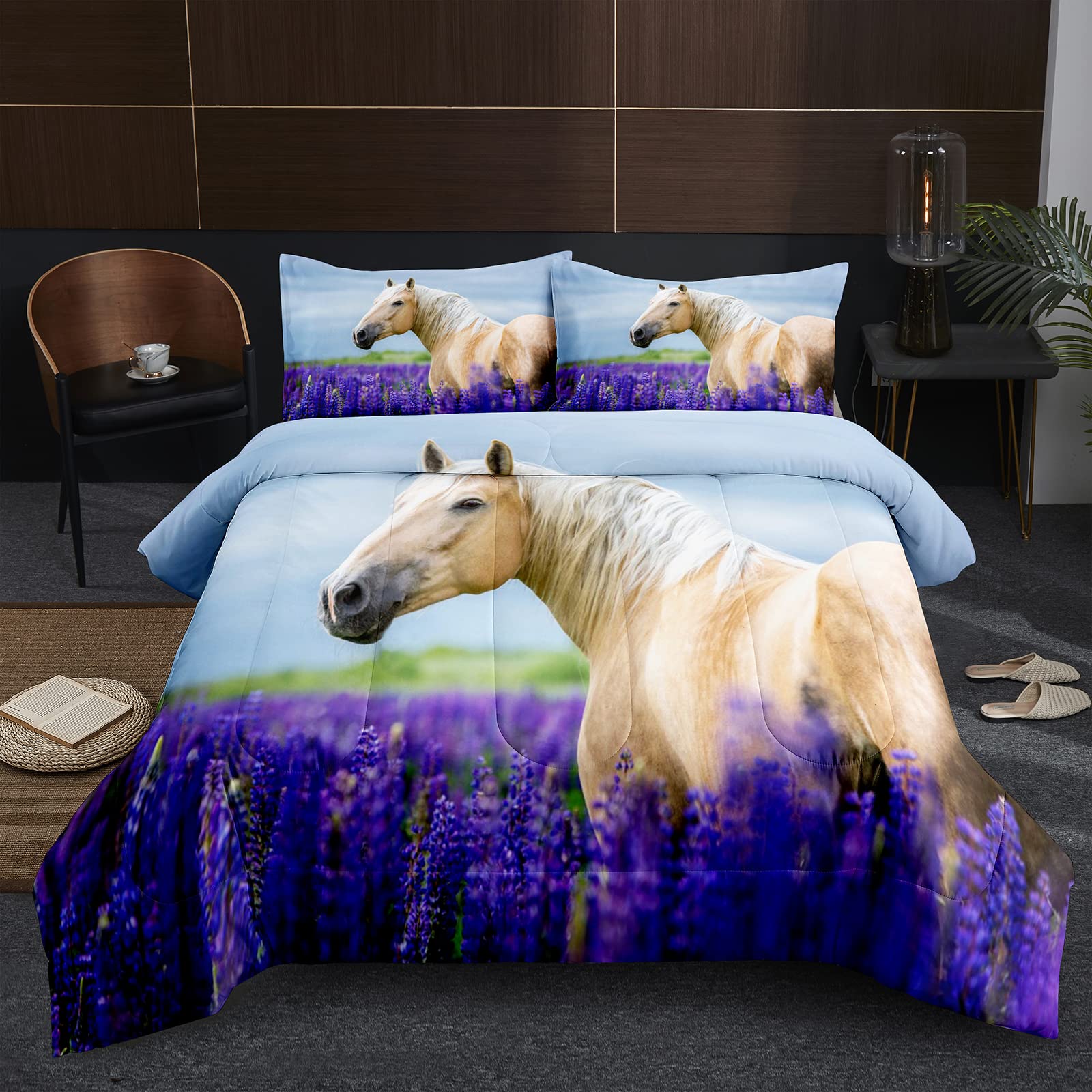 NINENINE Full Size Horse Comforter Bedding Set for Boys & Teens - Floral Horse Print, Soft Microfiber Quilt with Matching Pillowcases, Purple Bedding Collection | Perfect for Kids' Rooms, Teen Bedrooms & Horse Lovers