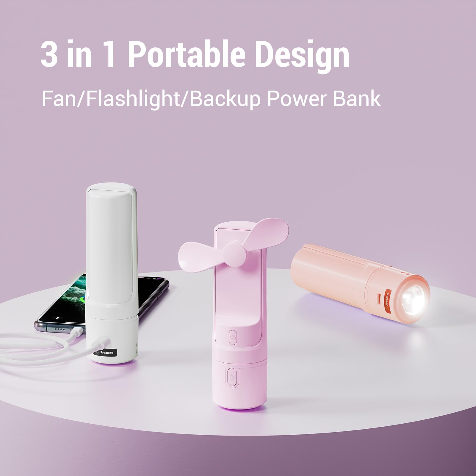 Airluxe Mini 3-in-1 Portable Rechargeable Fan - Handheld Fan with 35H Battery Life, Power Bank & LED Flashlight - Personal Cooling Fan for Travel, Camping, Office & Outdoor Activities - Purple