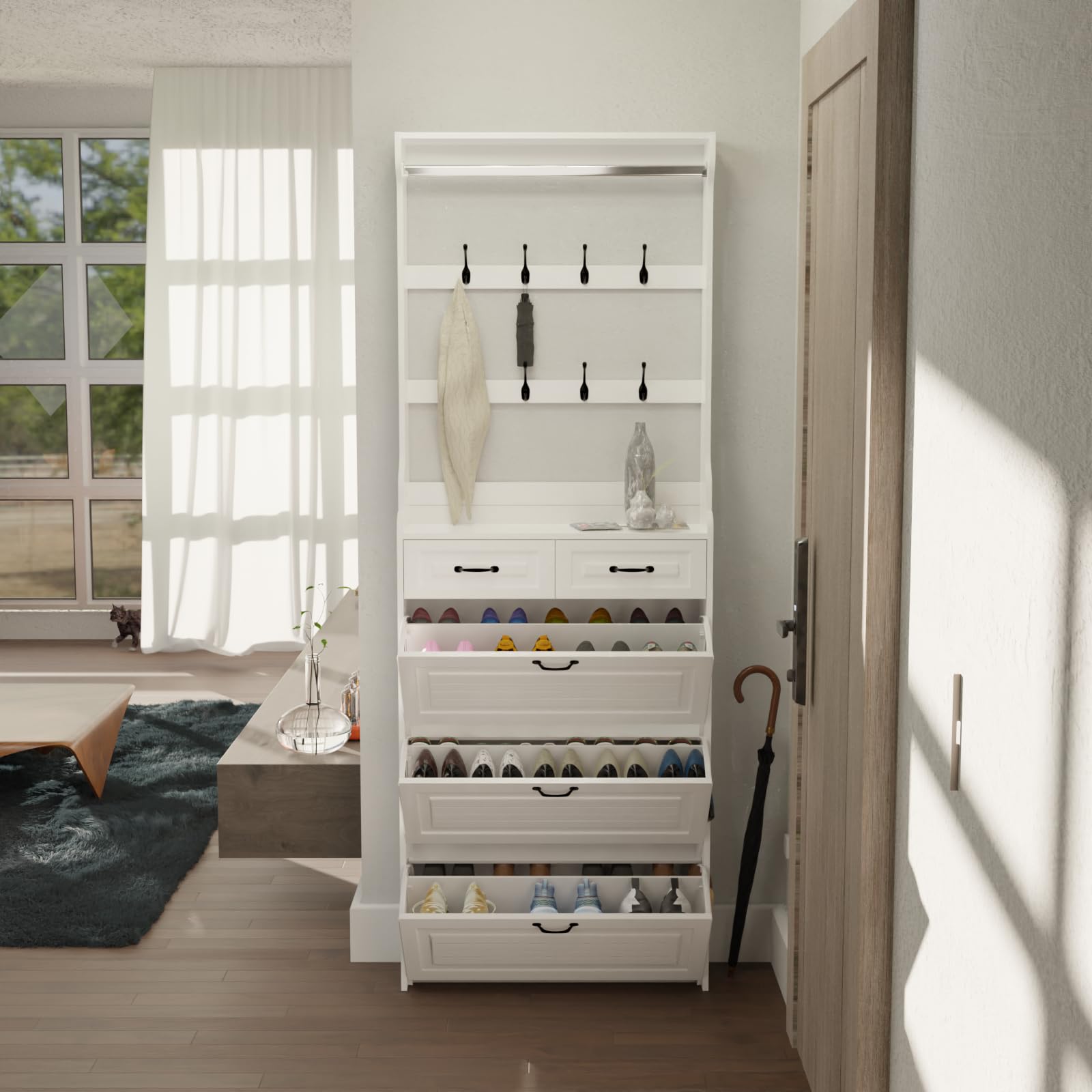 Olela Slim Shoe Cabinet for Entryway - Narrow Hidden Shoe Rack Organizer with Open Shelves, 8 Hooks & 3 Flip Drawers - Freestanding Storage for Hallway, Closet or Bedroom - Perfect for Small Spaces & Apartment Living