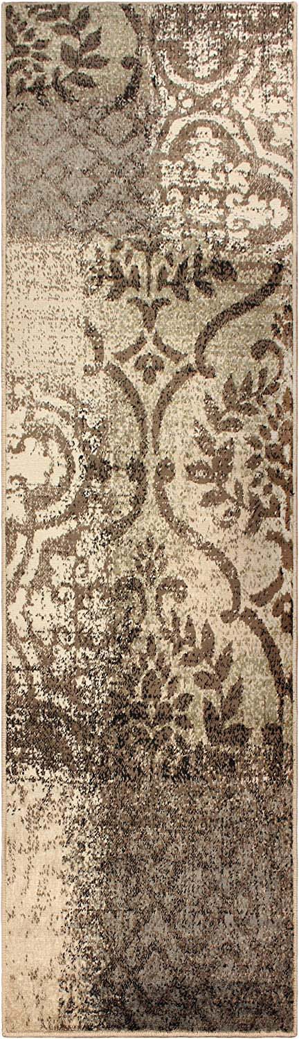 Bristol Distressed Abstract Damask Indoor Area Rug - Non-Slip Living Room Carpet Runner for Bedroom, Hallway & Entryway Decor