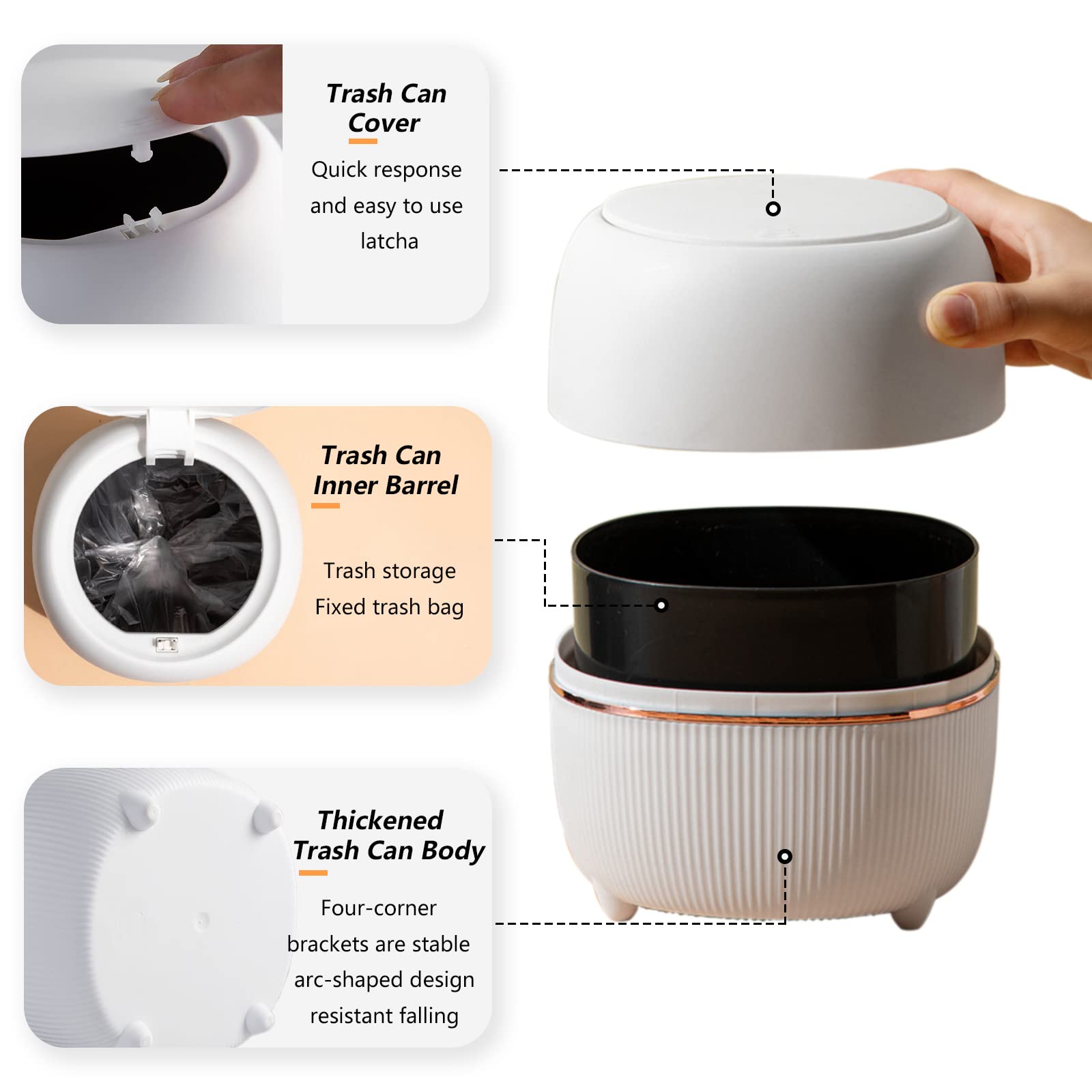 Modern Mini Trash Can with Lid - Small Press-Type Waste Basket for Office Desk, Kitchen Counter, Coffee Table & Bathroom - White Plastic Garbage Bin for Home & Office Organization