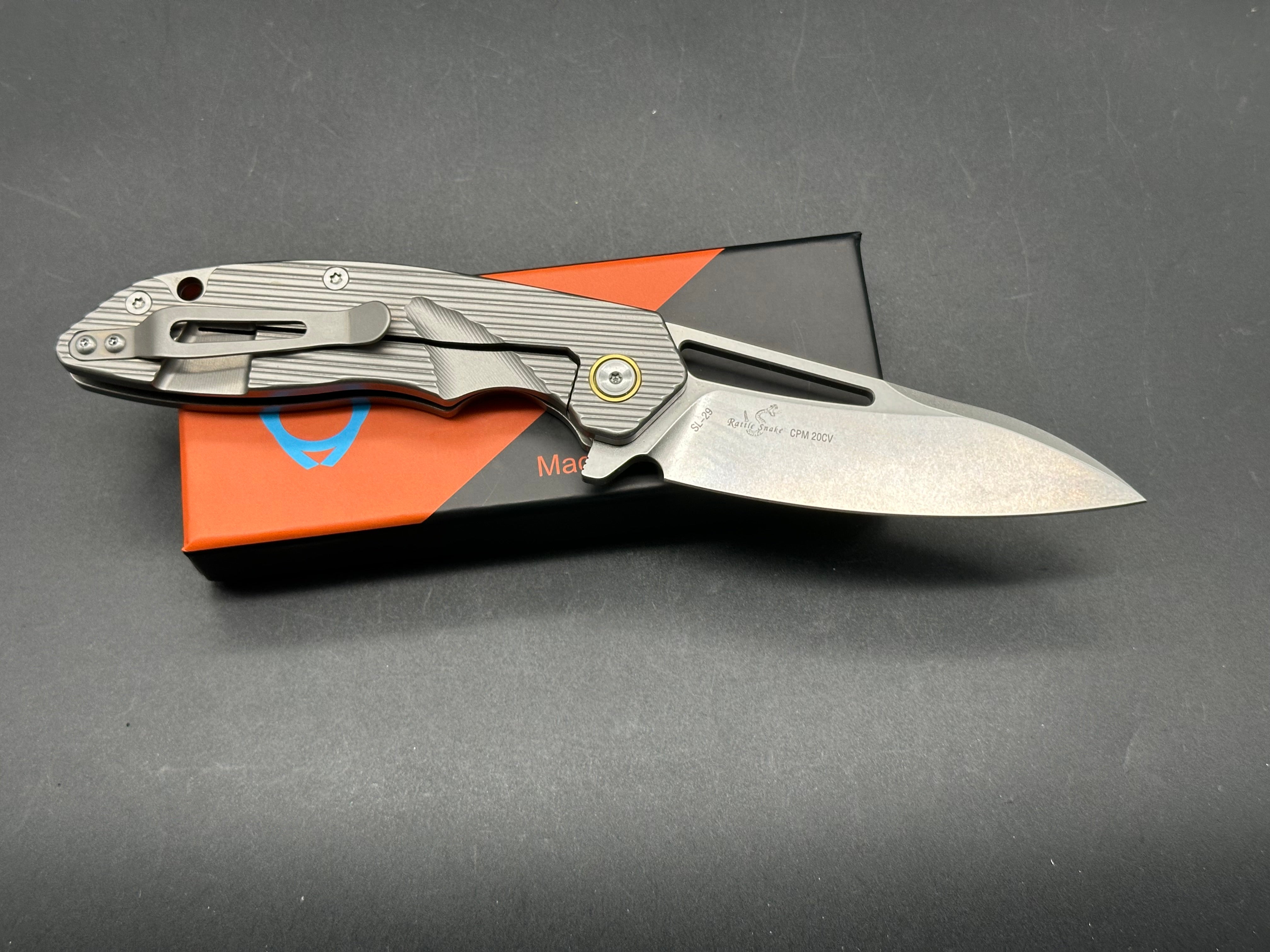 SIXLEAF SL 29B Rattlesnake Design Titanium Pocket Knife - CPM 20CV Blade Steel, Milled Titanium Handle - Perfect for Camping, Hiking & Everyday Carry (EDC)
