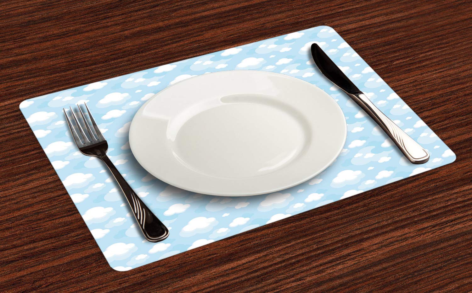 Ambesonne Blue Sky Place Mats Set of 4 - Fluffy Clouds Cartoon Design Washable Fabric Placemats for Dining Table - Standard Size Pale Blue & White - Perfect for Home Decor, Kitchen, and Party Table Settings