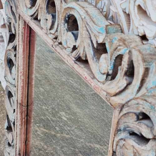 Hand Carved Indian Solid Wood Wall Mirror with Floral Pattern - Rustic Decor 56x66cm - Perfect for Living Room, Bedroom, or Entryway Décor