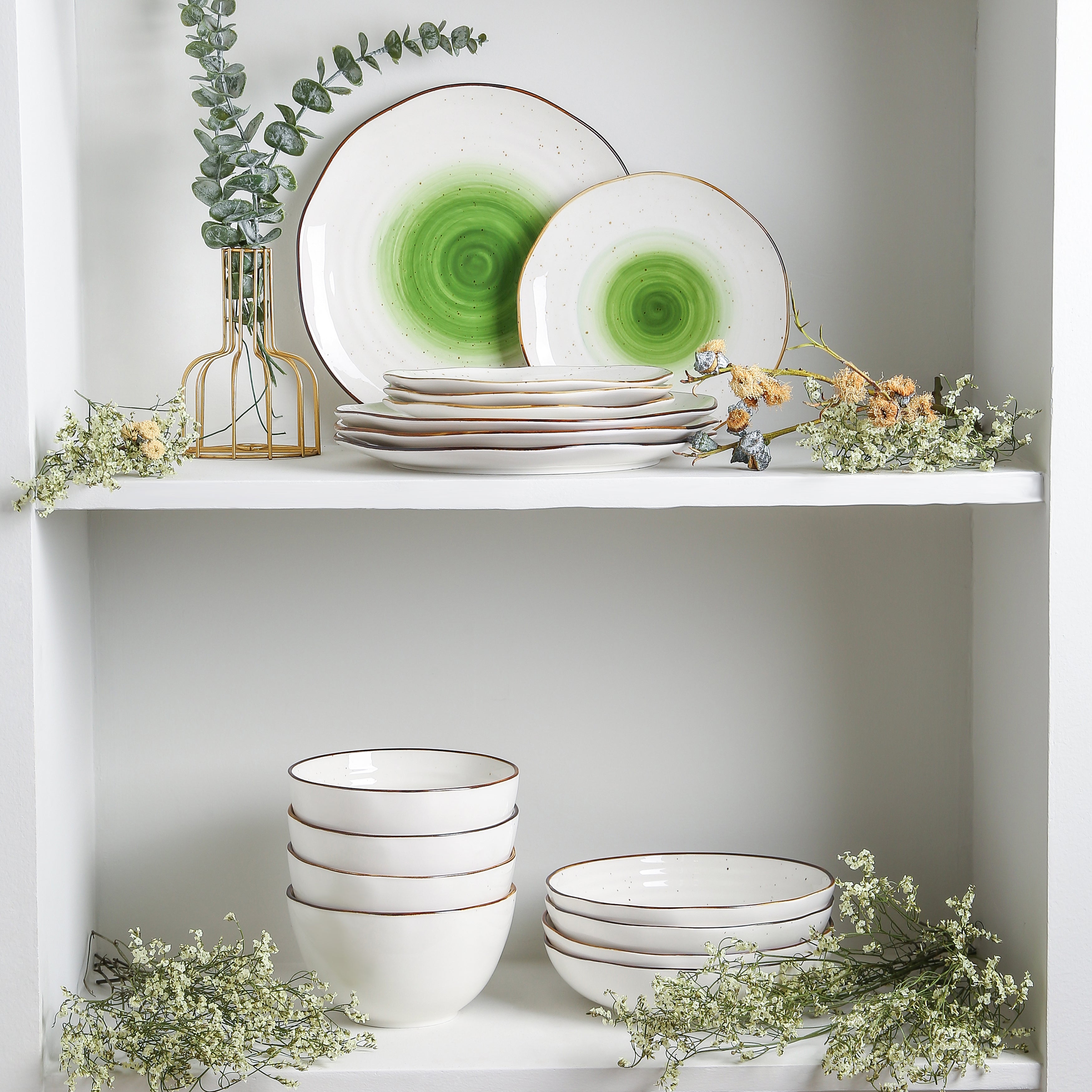Premium Luma Porcelain Dinnerware Set - Elegant Green 12-Piece Tableware for Fine Dining, Dinner Parties & Home Decor