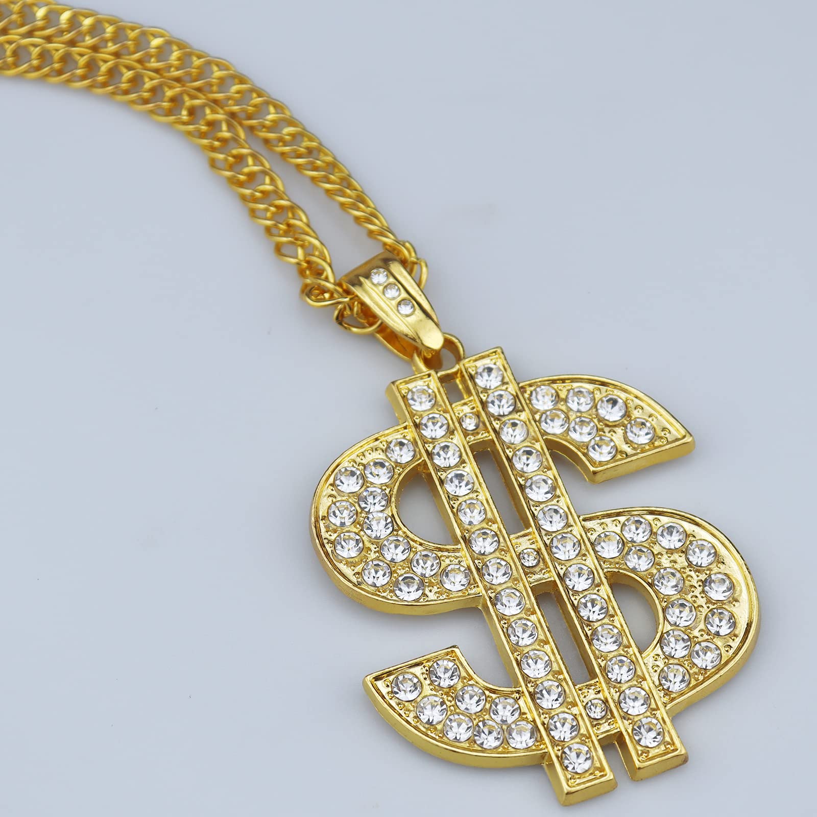 Gold Plated Hip Hop Chain with Crystal Dollar Sign Pendant Necklace for Men - 31.5 Inch Money Charm Necklace | Perfect for Streetwear, Rap Performances & Bold Fashion Statements
