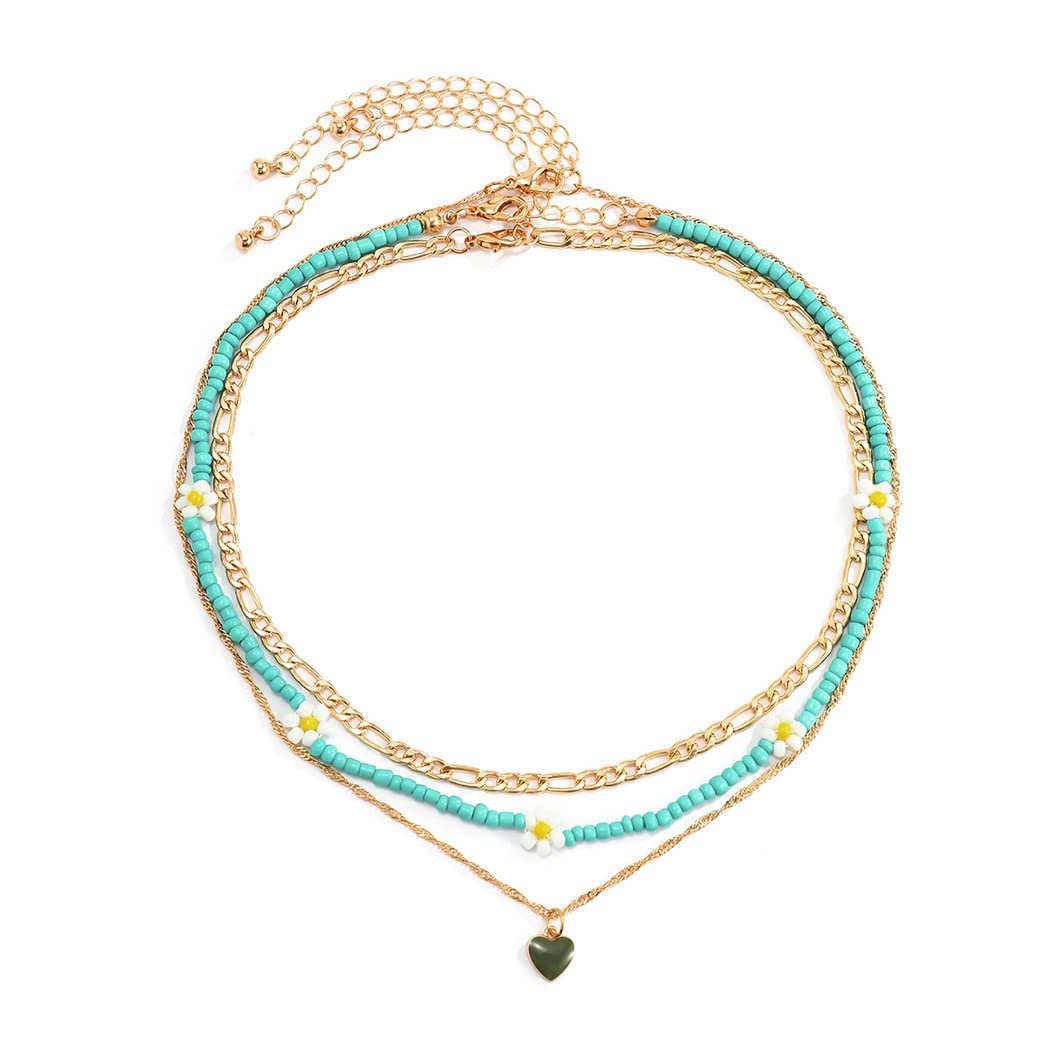 Boho Layered Necklace for Women - Adjustable Gold Chain with Green Beads & Heart Pendant - Beach Jewelry for Summer, Festivals, and Casual Outfits