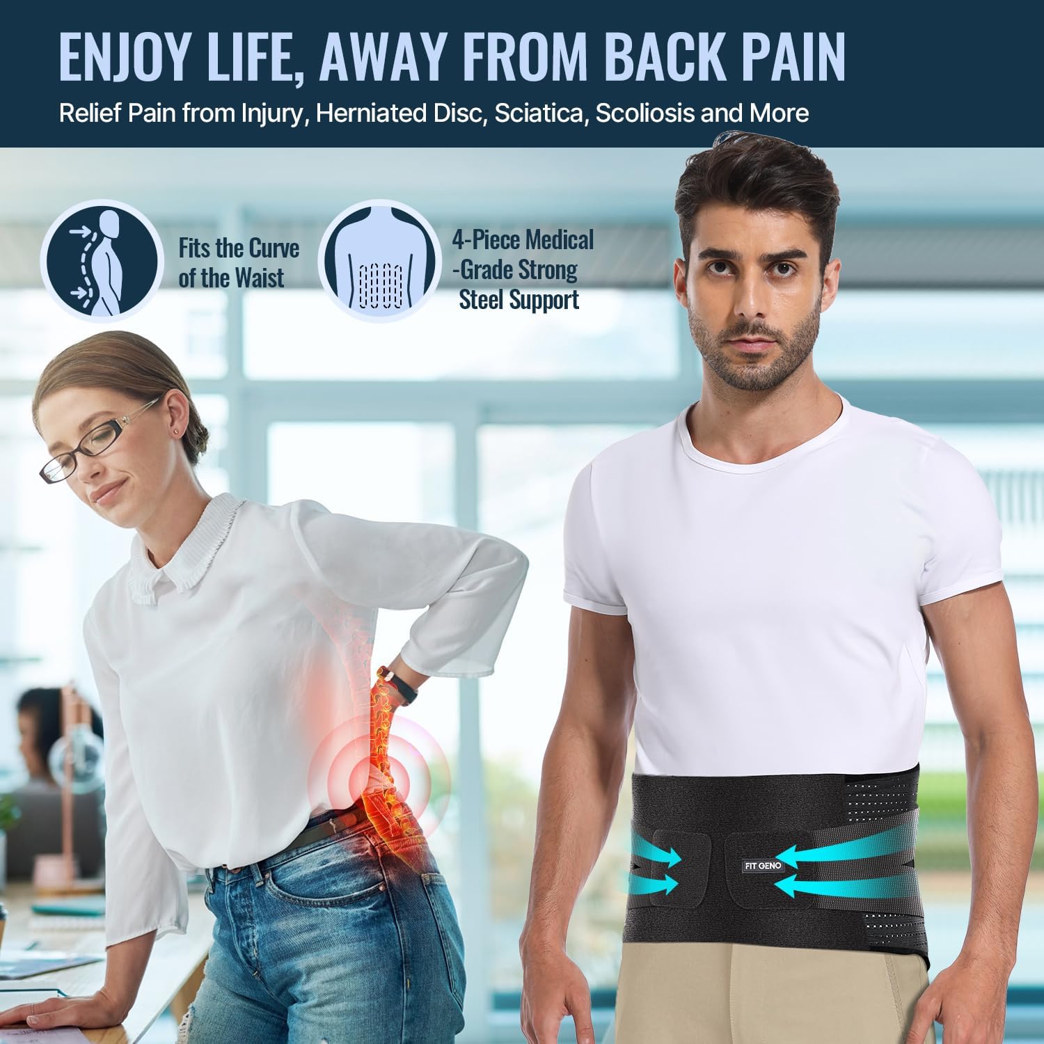 Fit Geno Back Brace Support for Lower Back Pain Relief - Adjustable Lumbar Support Belt for Herniated Discs & Heavy Lifting - Breathable Design for Men & Women - Perfect for Workouts, Office Work & Post-Surgery Recovery