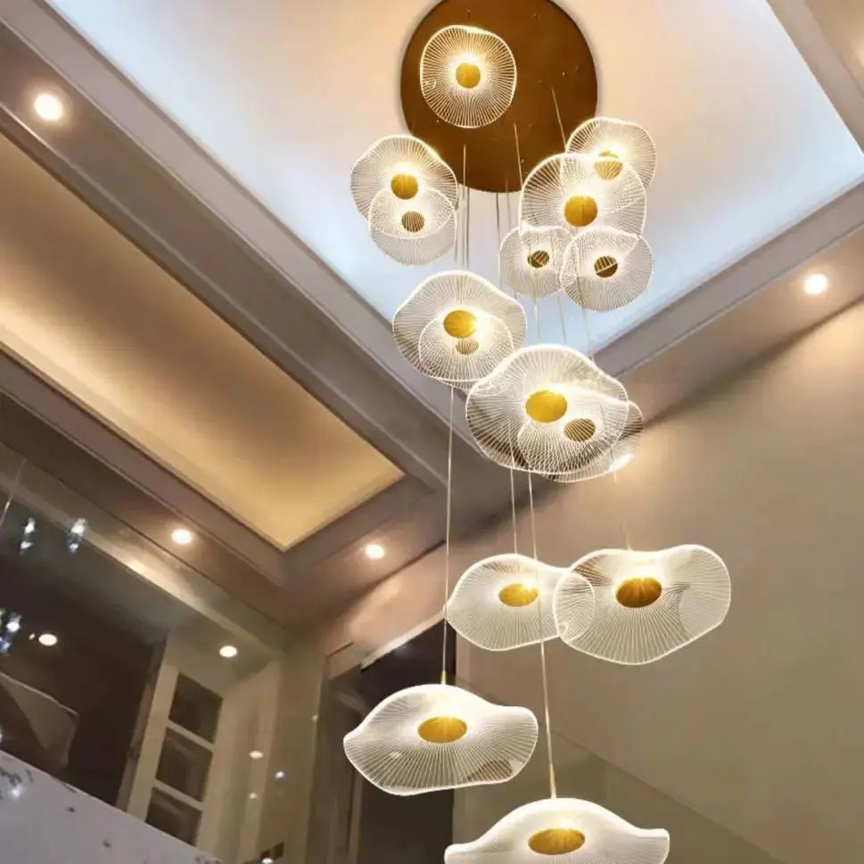 Gold Acrylic Flower LED Chandelier - Modern Crystal Ceiling Light Fixture for Stairwell, Staircase, Living Room, Bedroom & Dining Room Decor
