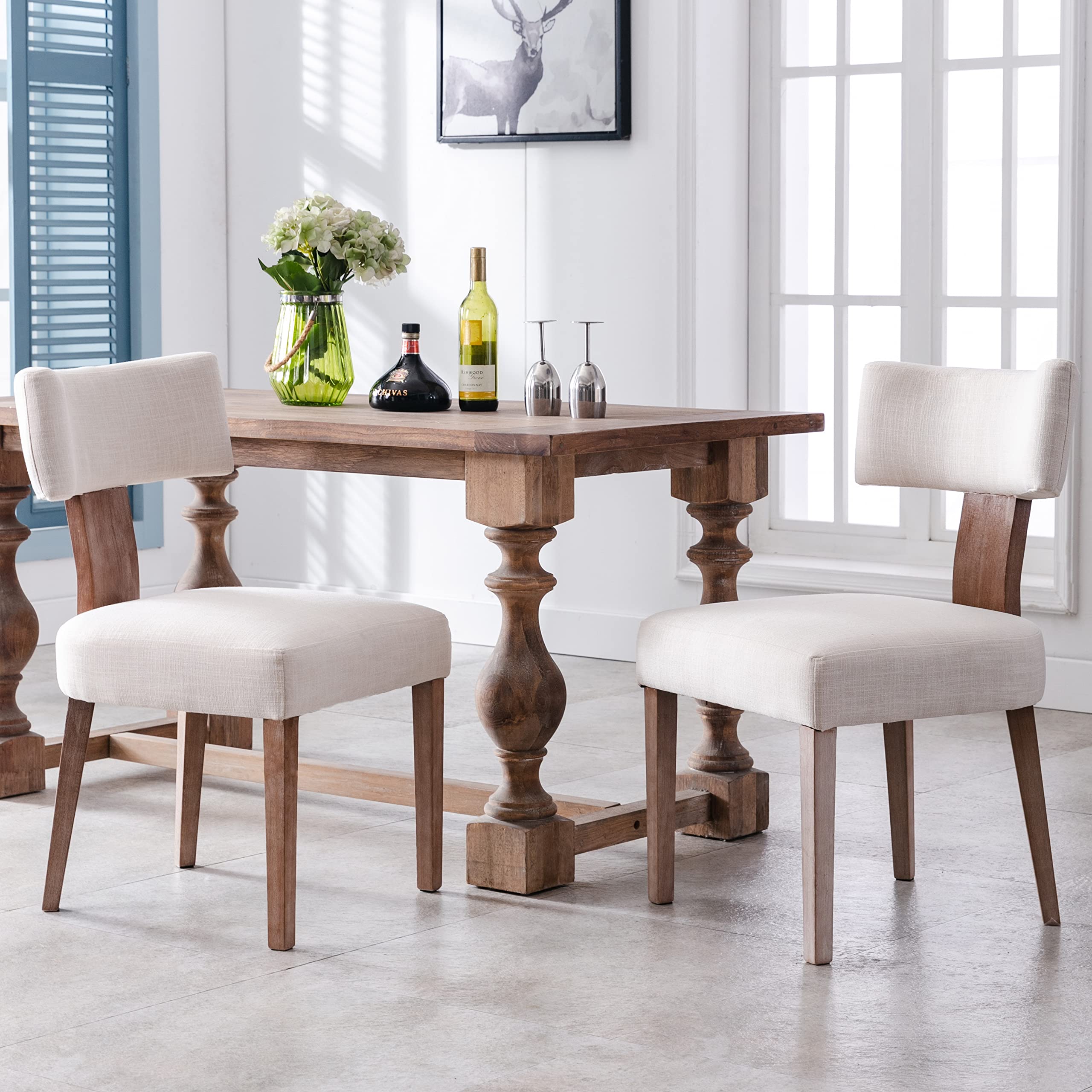 Farmhouse Dining Chairs Set of 2 - Linen Upholstered Solid Wood Leg Parsons Chairs for Kitchen, Dining Room & Breakfast Nook - Beige Accent Chairs