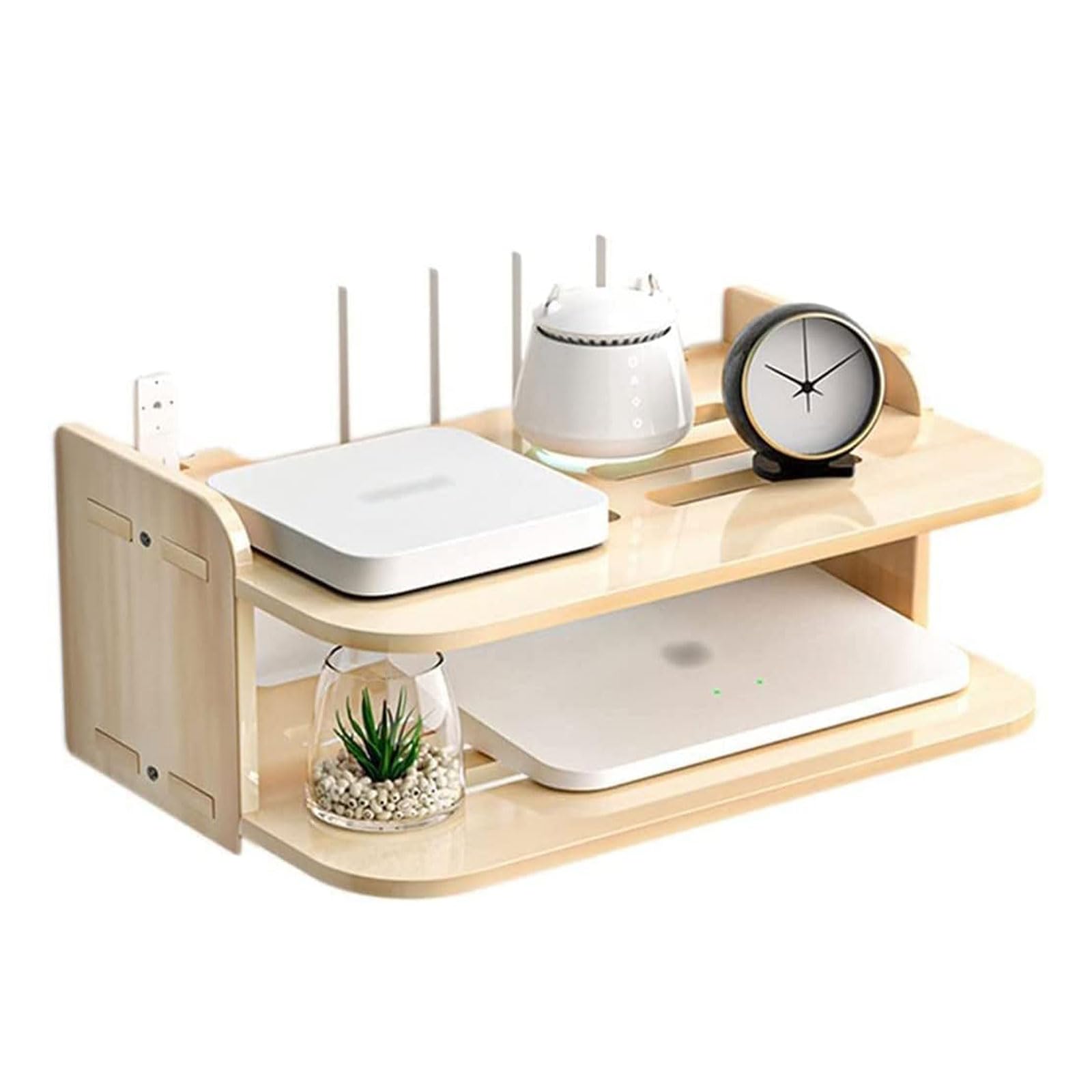 Wall Mount Router Shelf - Solid Wood Storage Rack for Router, Set Top Box & Multimedia Accessories | Space Saving Home Organization Solution for Living Room, Office & Entertainment Center