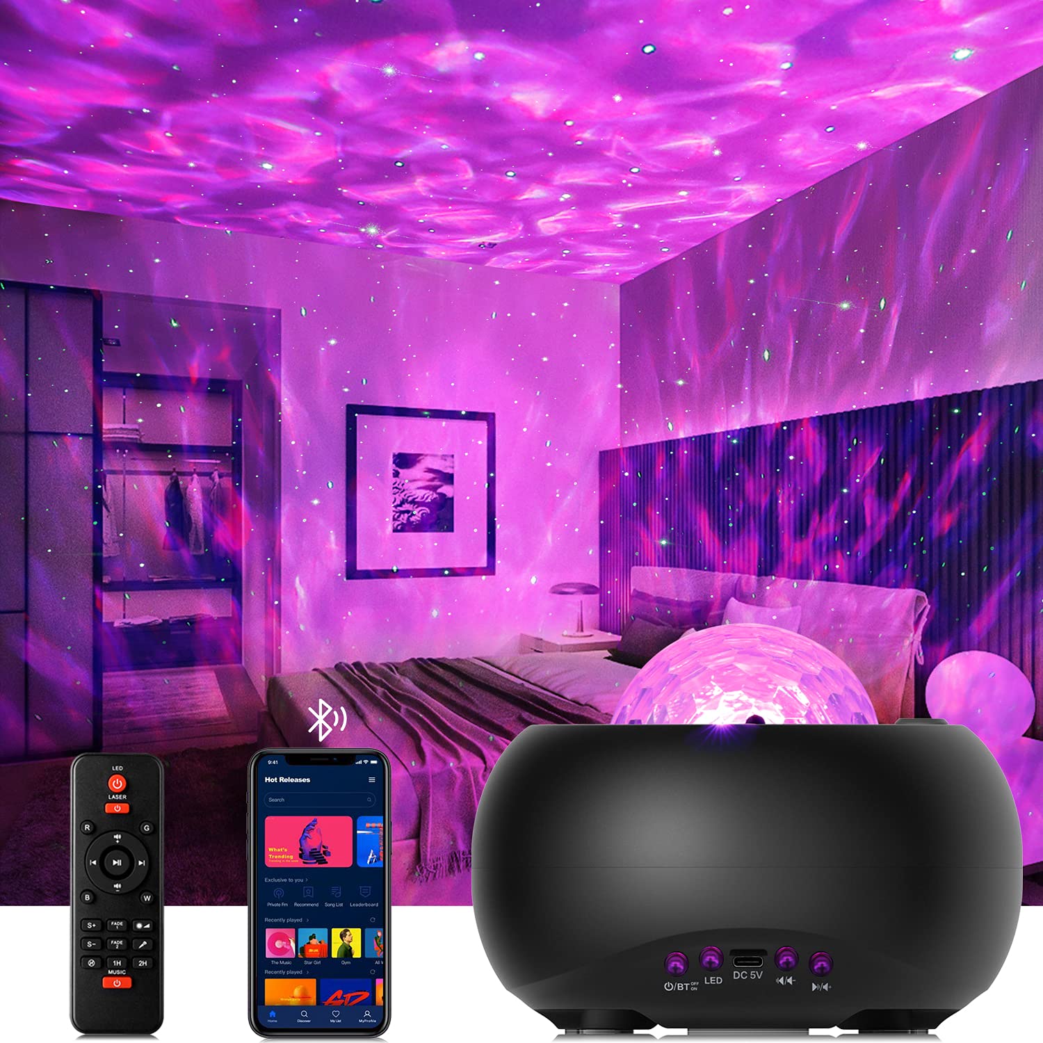 Galaxy Projector Night Light with Bluetooth Speaker & Remote Control - Star Projector for Bedroom, Kids Room, Party Decor & Relaxation - No App Needed, Voice Control, Perfect for Meditation, Sleep Aid & Home Ambiance