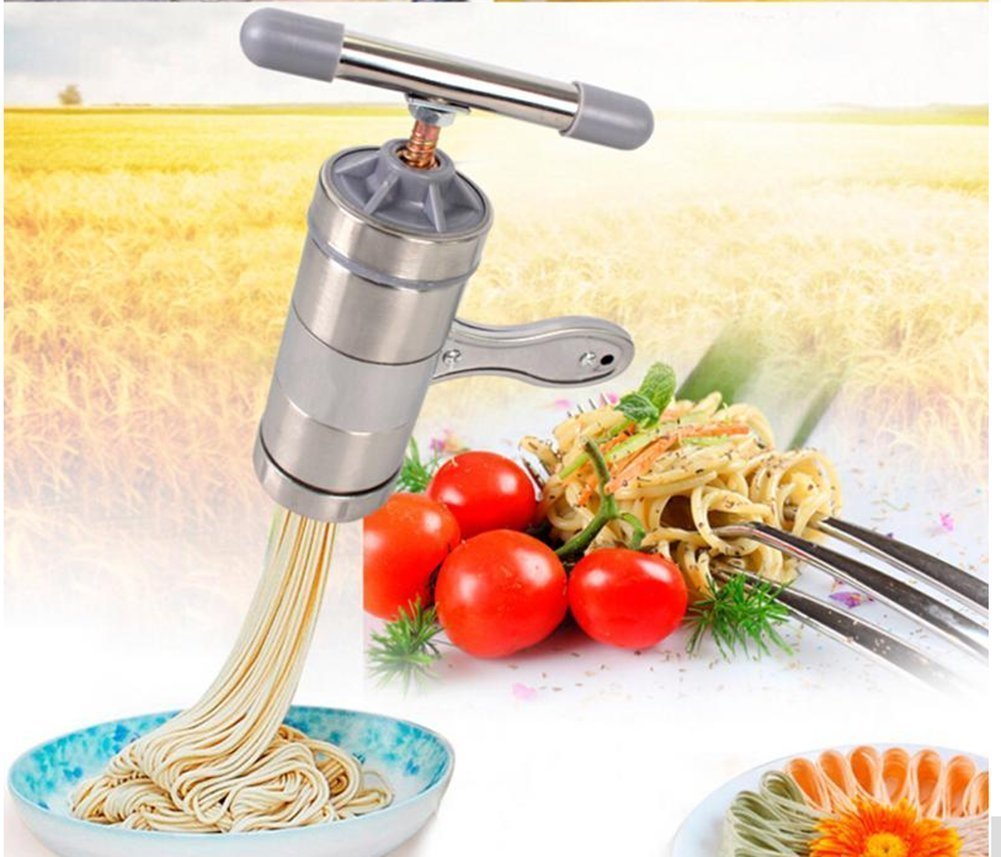Stainless Steel Manual Pasta Maker Machine - 5 Noodle Molds for Homemade Spaghetti, Fettuccine & More | Vegetable & Fruit Juicer Attachment | Perfect for Italian Cooking, Healthy Meals & DIY Kitchen Projects (Silver)