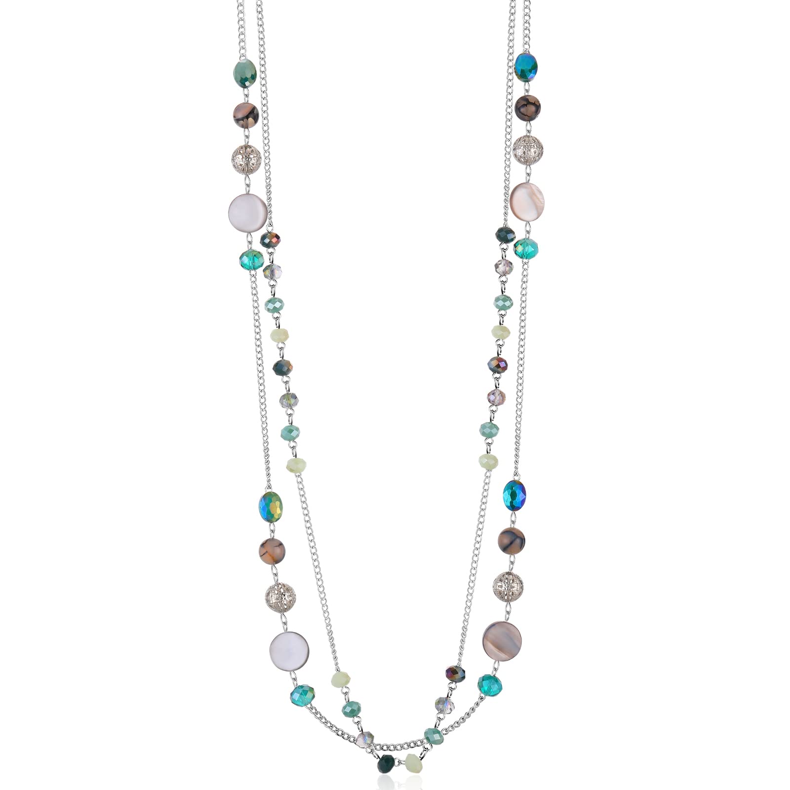 FULU AUTUMN Long Layered Statement Necklace for Women - Silver Crystal Shell Chain Necklace, Boho Costume Jewelry, Birthday Gift for Her - Perfect for Boho Fashion, Beach Parties & Special Occasions
