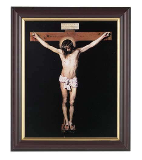 Religious Wall Art Decor - Classic Crucifixion Picture Framed in Dark Walnut with Gold-Leaf Trim | Christian Home Decor, Church Altar Decoration, Spiritual Gift Idea