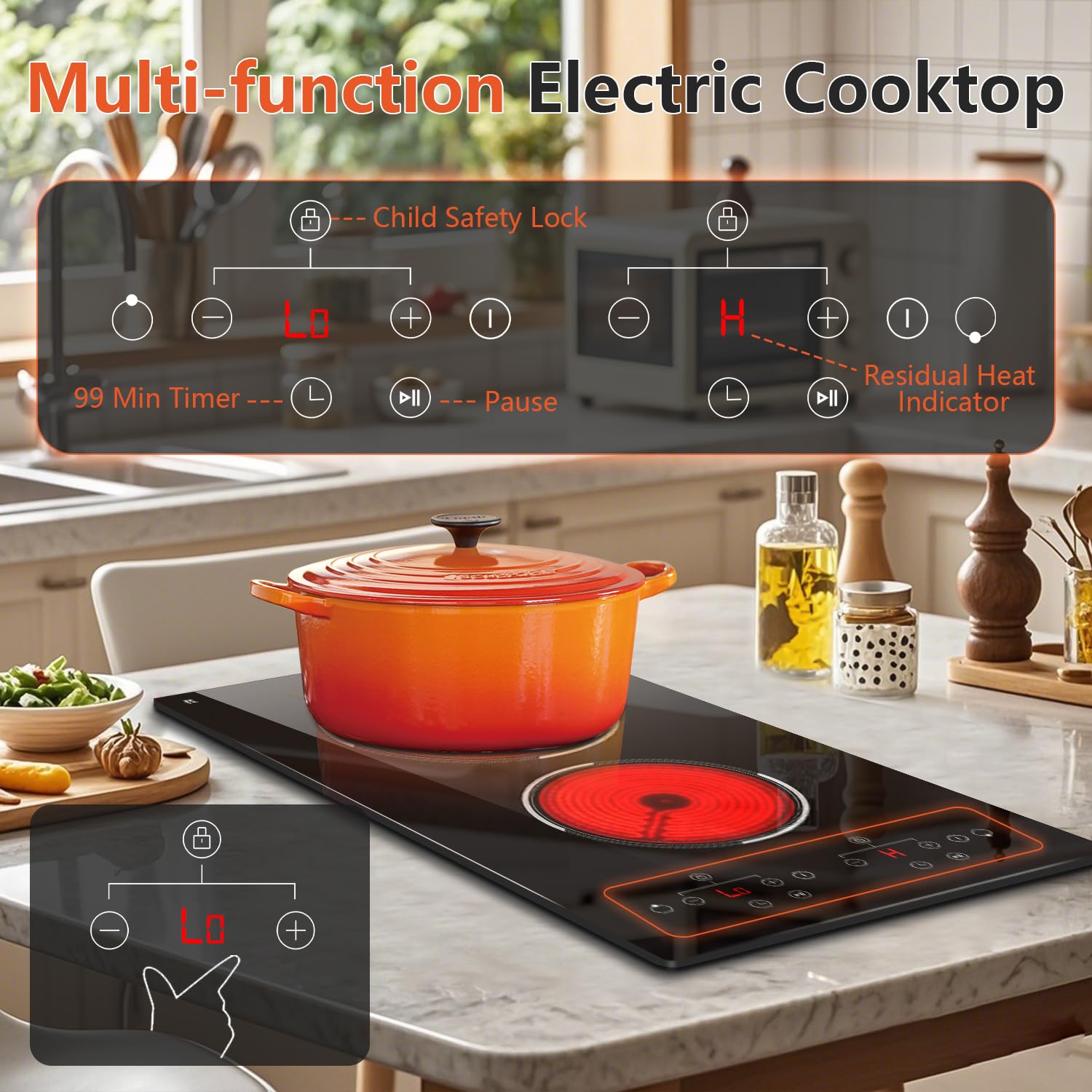 2 Burner Electric Cooktop - 12 Inch Built-in & Countertop Ceramic Stove with Touch Control, Child Lock, Timer & 9 Power Levels (110V-120V) | Perfect for Small Kitchens, RVs & Dorm Rooms
