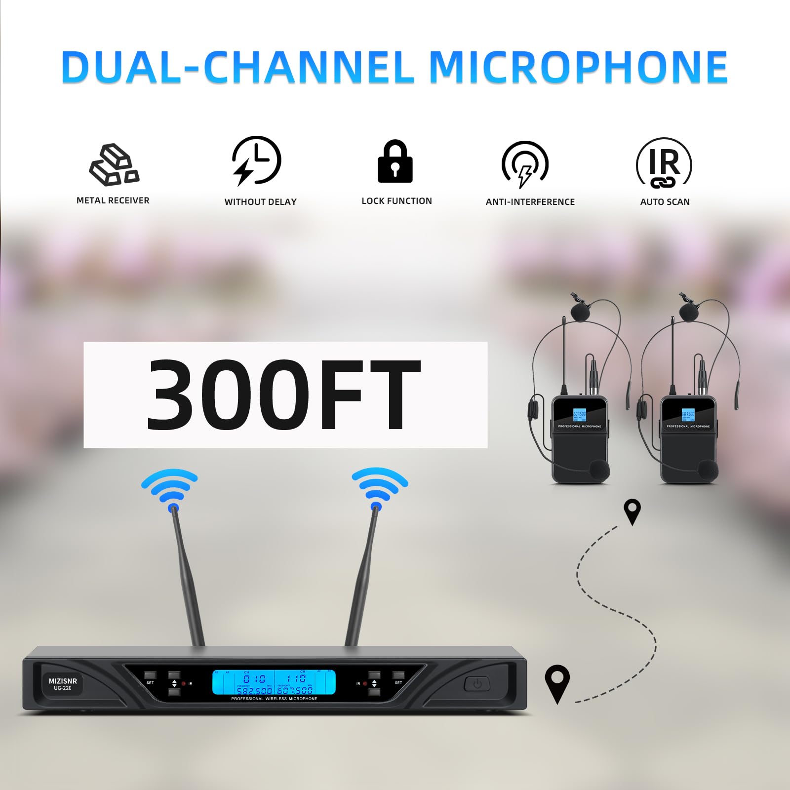 UG-220 Wireless Lapel Microphone System - 2x100 Adjustable UHF Frequencies with Headset & Lavalier Mic, 300ft Range for Meetings, Church Services, Singing, Public Speaking & YouTube Videos (2 Bodypack Transmitters)