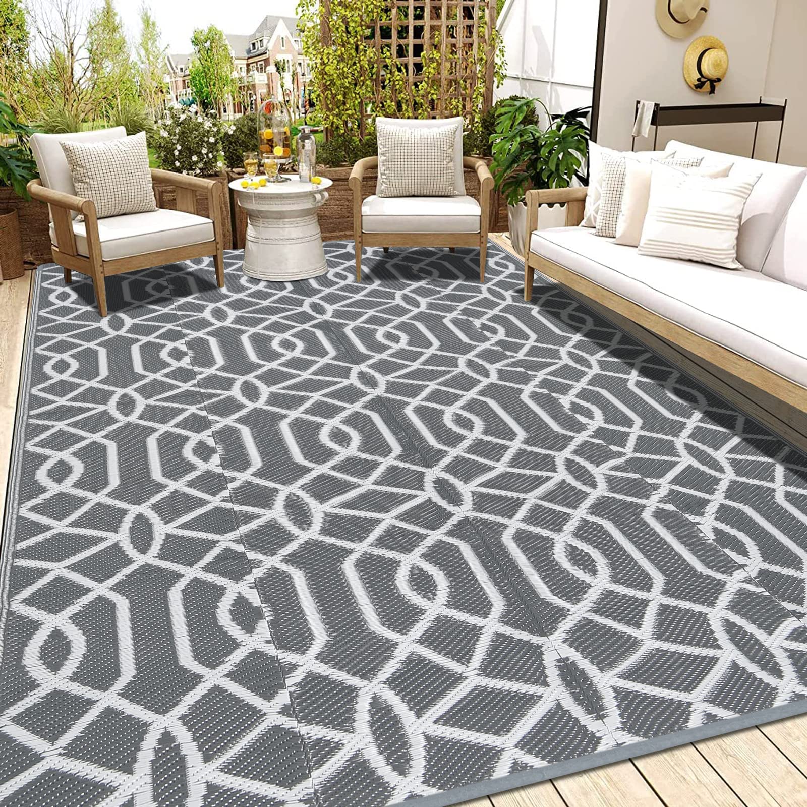 HEBE 5'x8' Waterproof Reversible Outdoor Rug - Geometric Pattern Plastic Patio Mat for Camping, RV, Deck, Balcony, Porch & Tent - Durable All-Weather Floor Covering for Outdoor Living Spaces