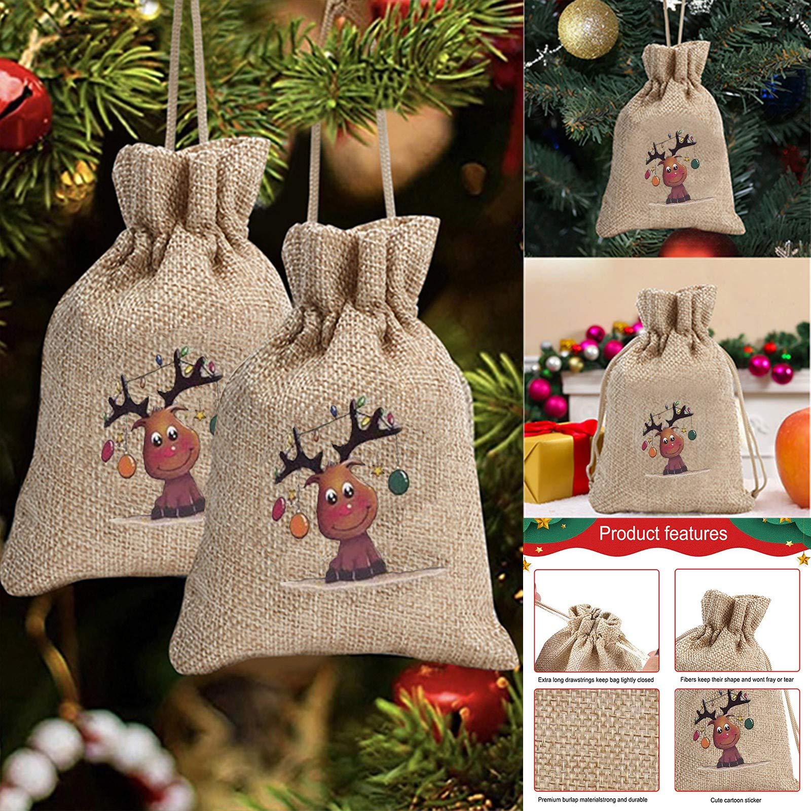 Yowein Christmas Candy Bags with Ties - Kids Holiday Gift Treat Goody Bags, Santa Head Printed Linen Backpack for Xmas Party Favors, Stocking Stuffers & Classroom Exchange (Style B) - Perfect for Christmas Celebrations, School Events & Gift Wrapping