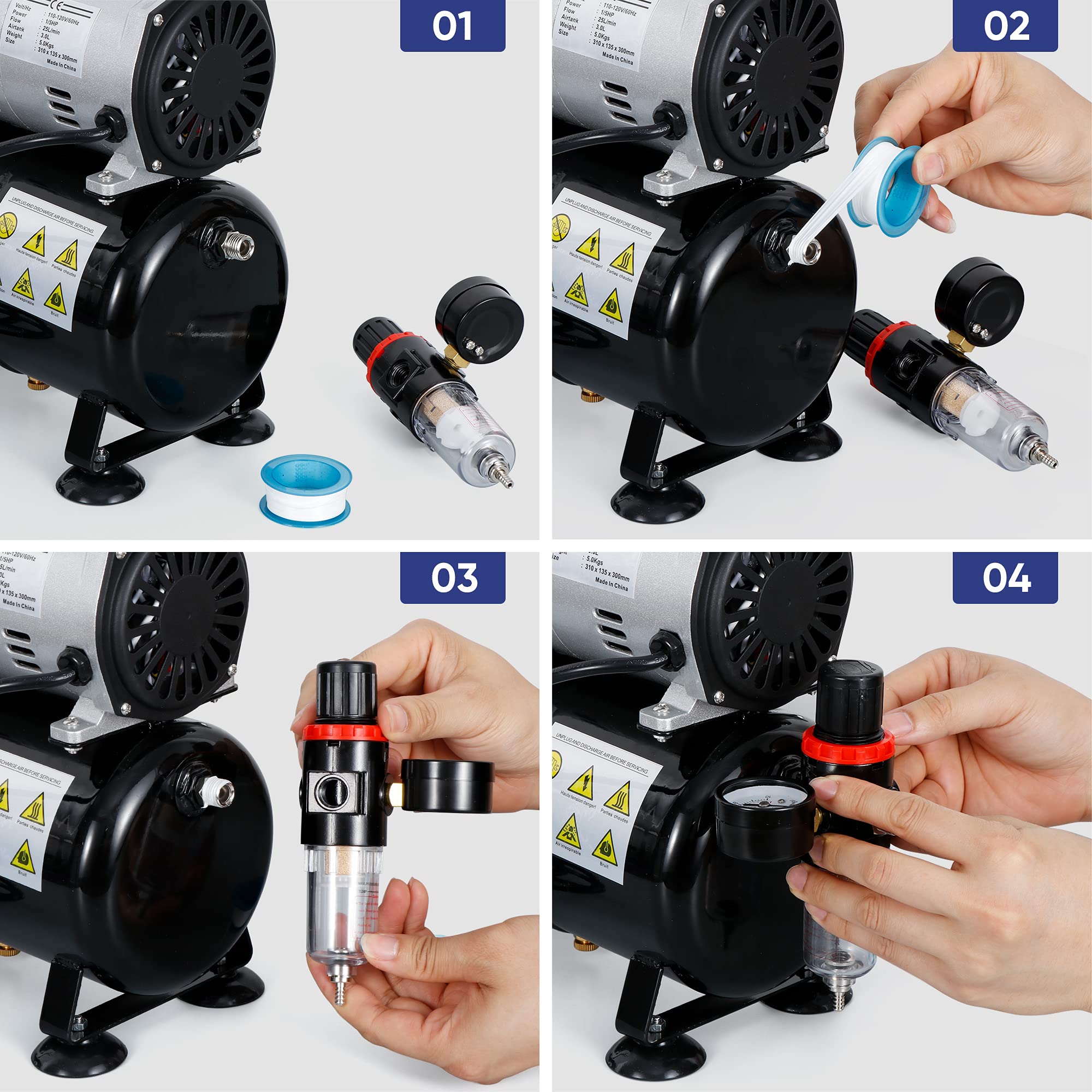 1/5 HP Dual Action Airbrush Compressor Kit with 6ft Hose - Professional Airbrushing System for Painting, Art, Crafts & DIY Projects - Ideal for Artists, Hobbyists & Tattoo Professionals