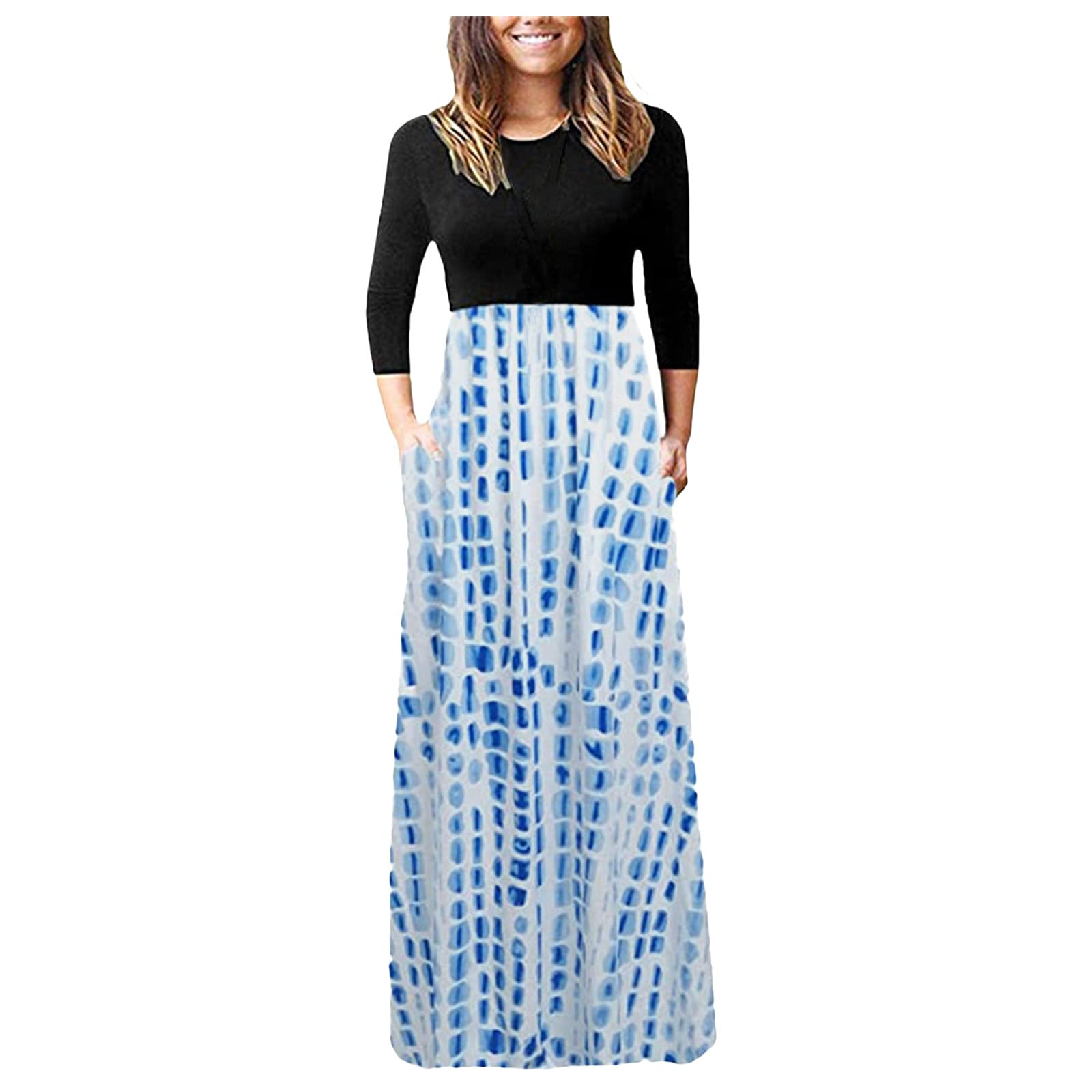 KASAAS Women's Casual Summer Maxi Dress - Long Sleeve Round Neck Swing Dress with Pockets, Black Splicing Design | Perfect for Beach Outings, Date Nights & Everyday Wear