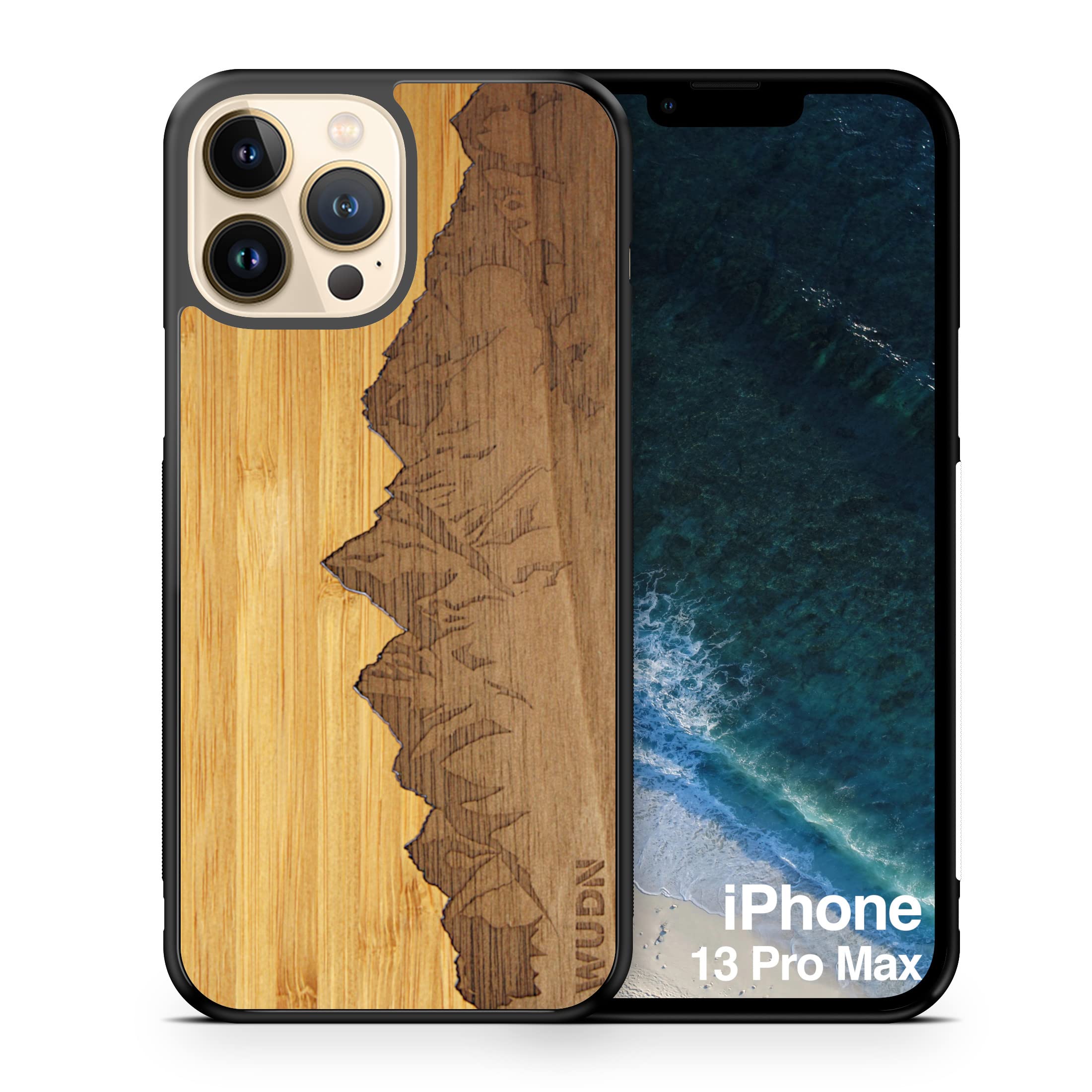 Slim Wooden Phone Case for iPhone 13 Pro Max - Natural Bamboo Sky & Sawtooth Mountains Design | Eco-Friendly Protective Cover | Perfect for Outdoor Adventures, Travel & Daily Use