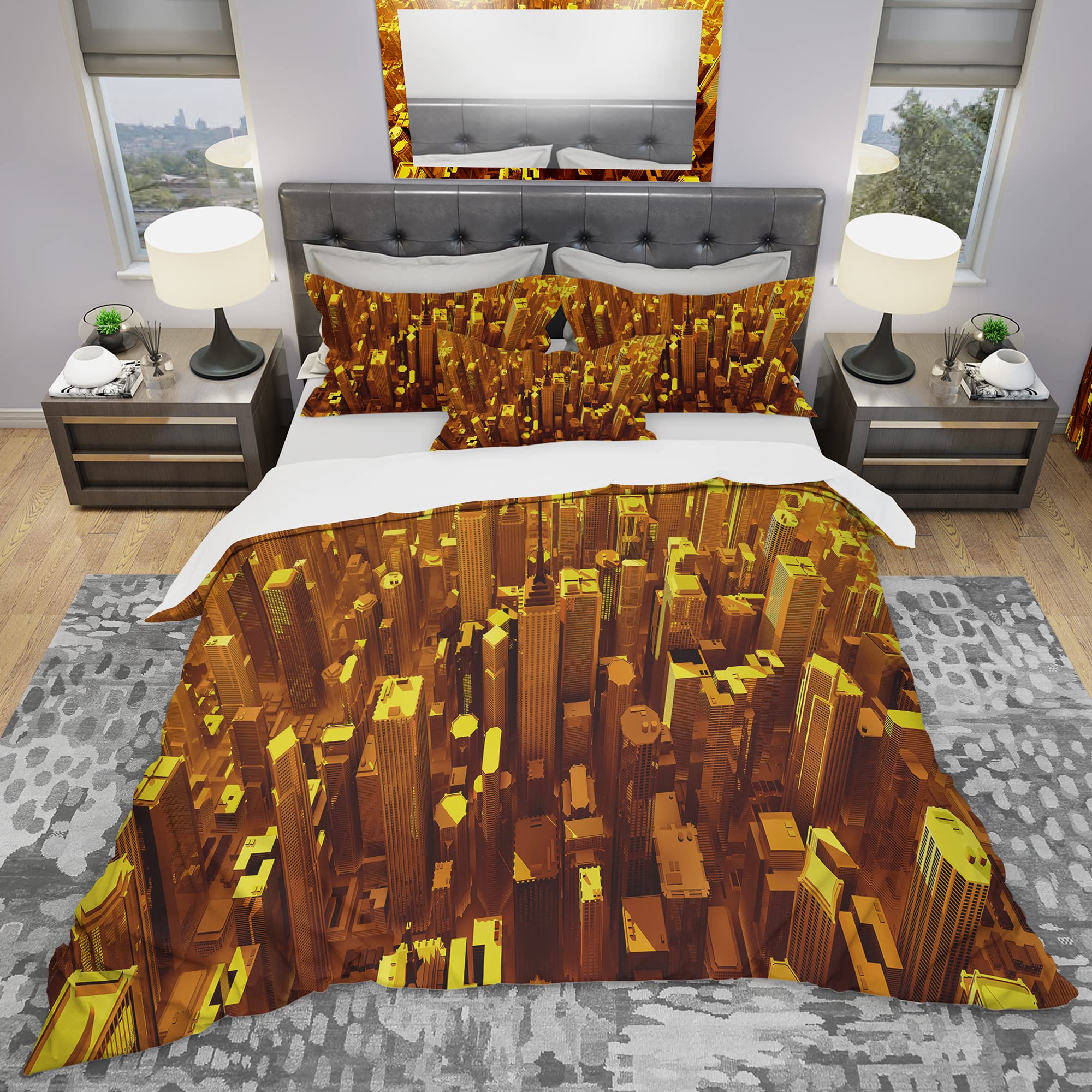 DesignQ 'Golden City from The Sky' Modern Contemporary Duvet Cover Set - King Size Bedding with Zipper Closure - Luxury Hotel Style Bedroom Decor for Master Bedroom & Guest Room