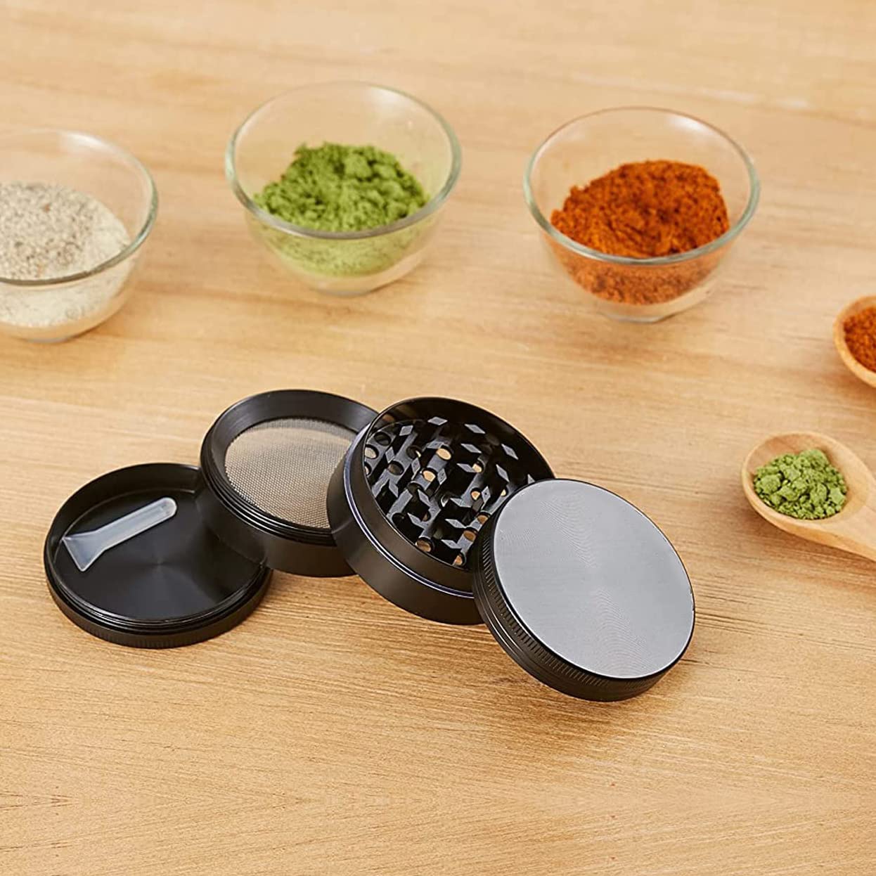 4 Layer Zinc Alloy Herb Grinder with Pollen Catcher & Scraper - Portable Mini Crusher Mill for Dry Herbs - Includes Cleaning Brush - Perfect for Travel, Camping & Home Use (50mm, Black)