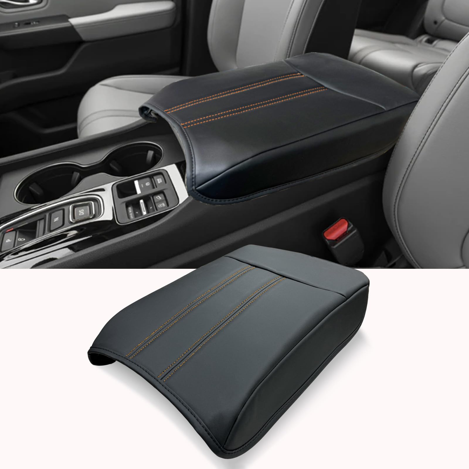 Premium Soft Leather Center Console Cover for Honda Pilot 2023-2025 & Ridgeline/Passport - Armrest Cushion Pad Accessories (Orange) - Comfort Upgrade for Long Drives & Road Trips