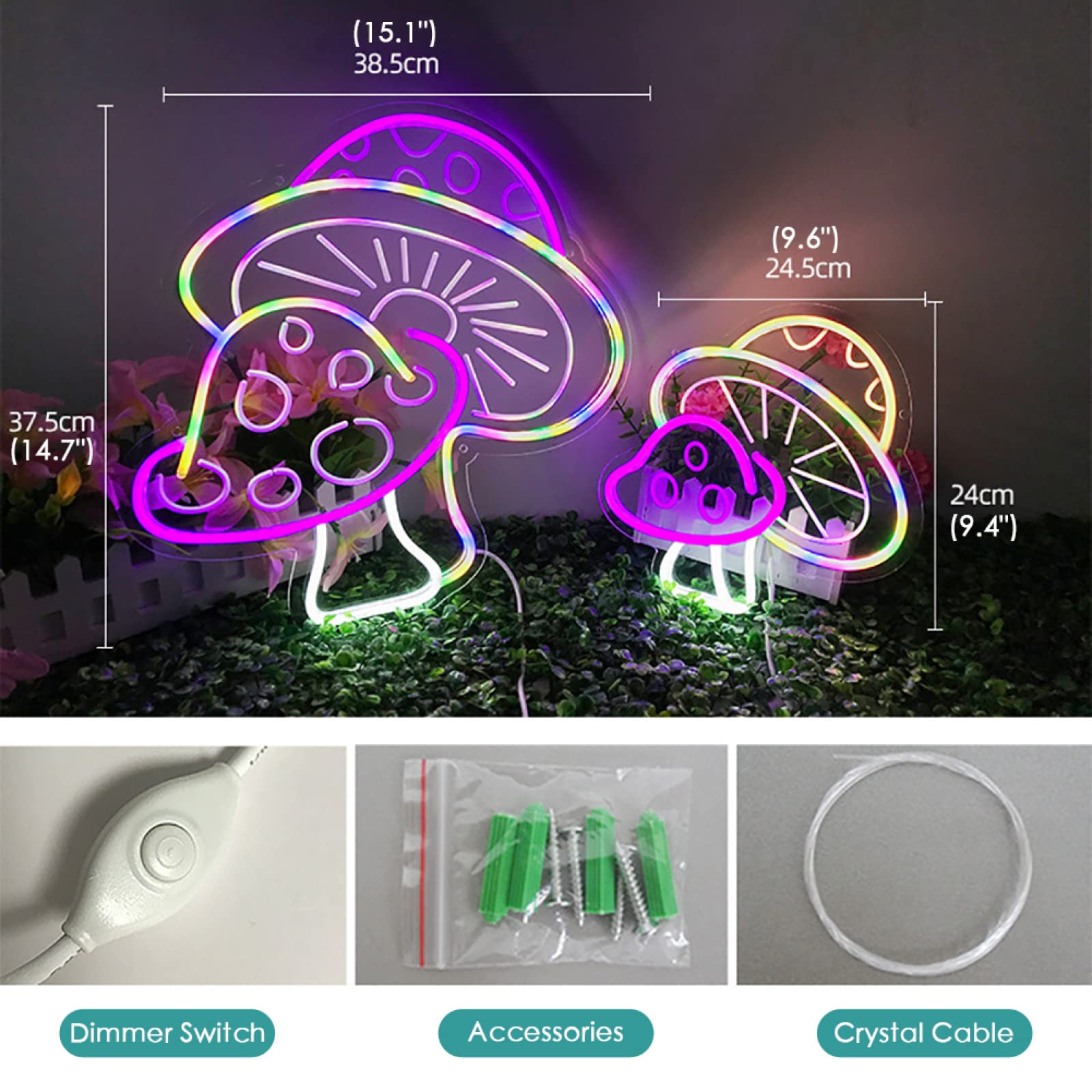 **Mushroom Neon Sign Wall Decor - USB Powered Dimmable LED Light for Bedroom, Birthday Party, Nursery, Bar & Cafe (15.2x14.8 inches) - Cute Mushroom Night Light for Home & Gift**