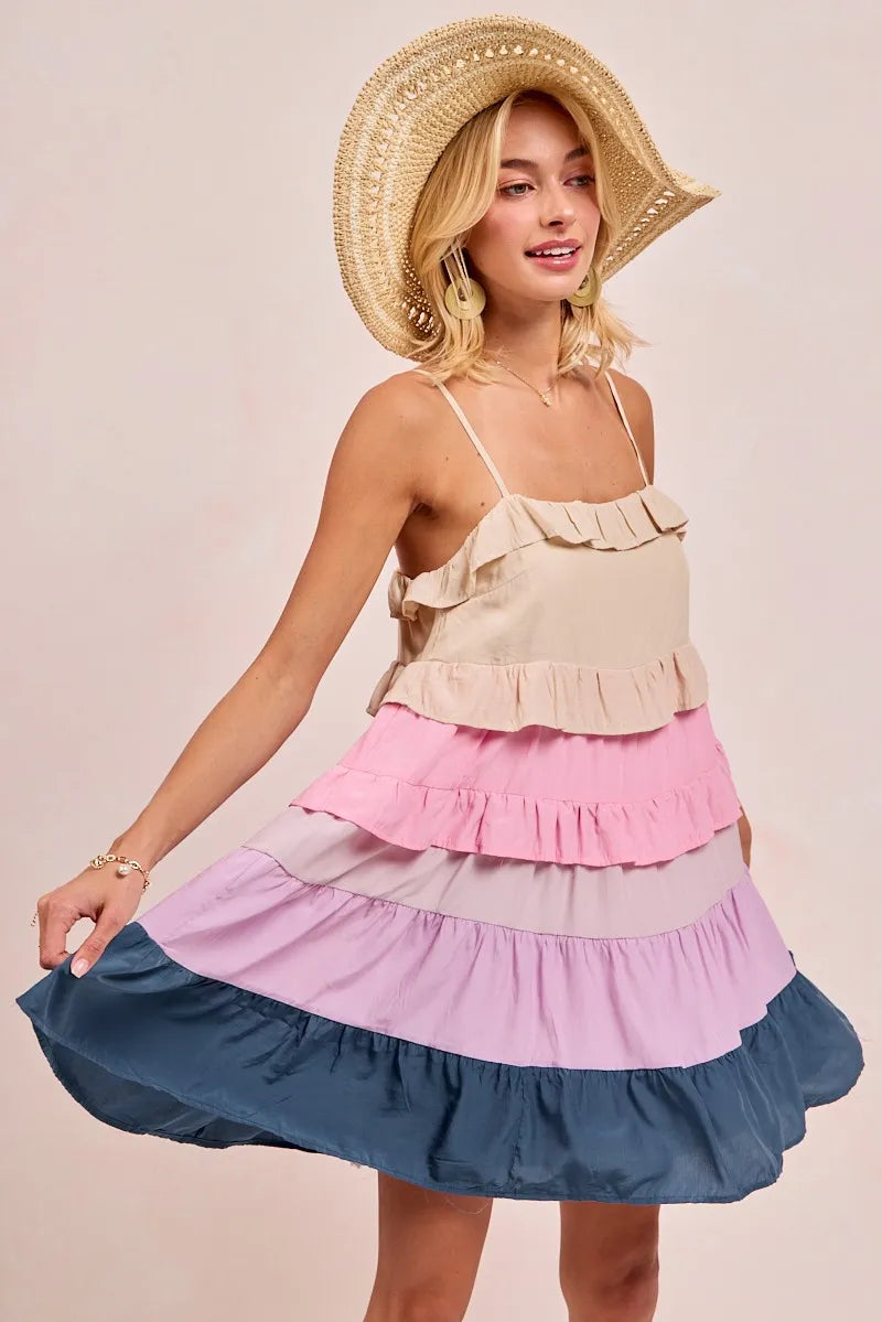 Stylish Color Block Tiered Dress for Women - Trendy Flowy Midi Dress for Casual Outings & Summer Parties