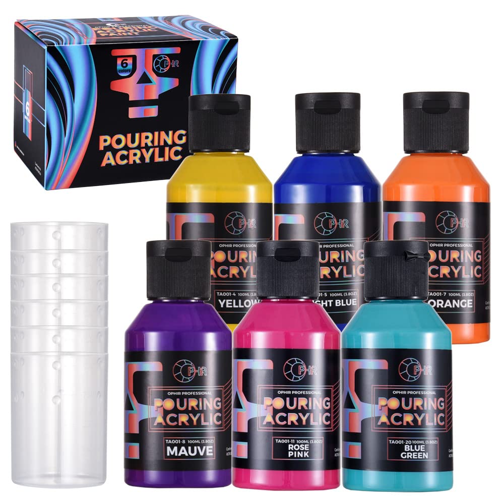 OPHIR Acrylic Pouring Paint Set - 6 Bottles (3.8OZ Each) Basic Colors for Beginners | High Flow Water-Based Art Supplies for Canvas, Wood, Glass, Paper, Tile & Rock Painting | Perfect for DIY Home Decor, Fluid Art Projects & Creative Crafts