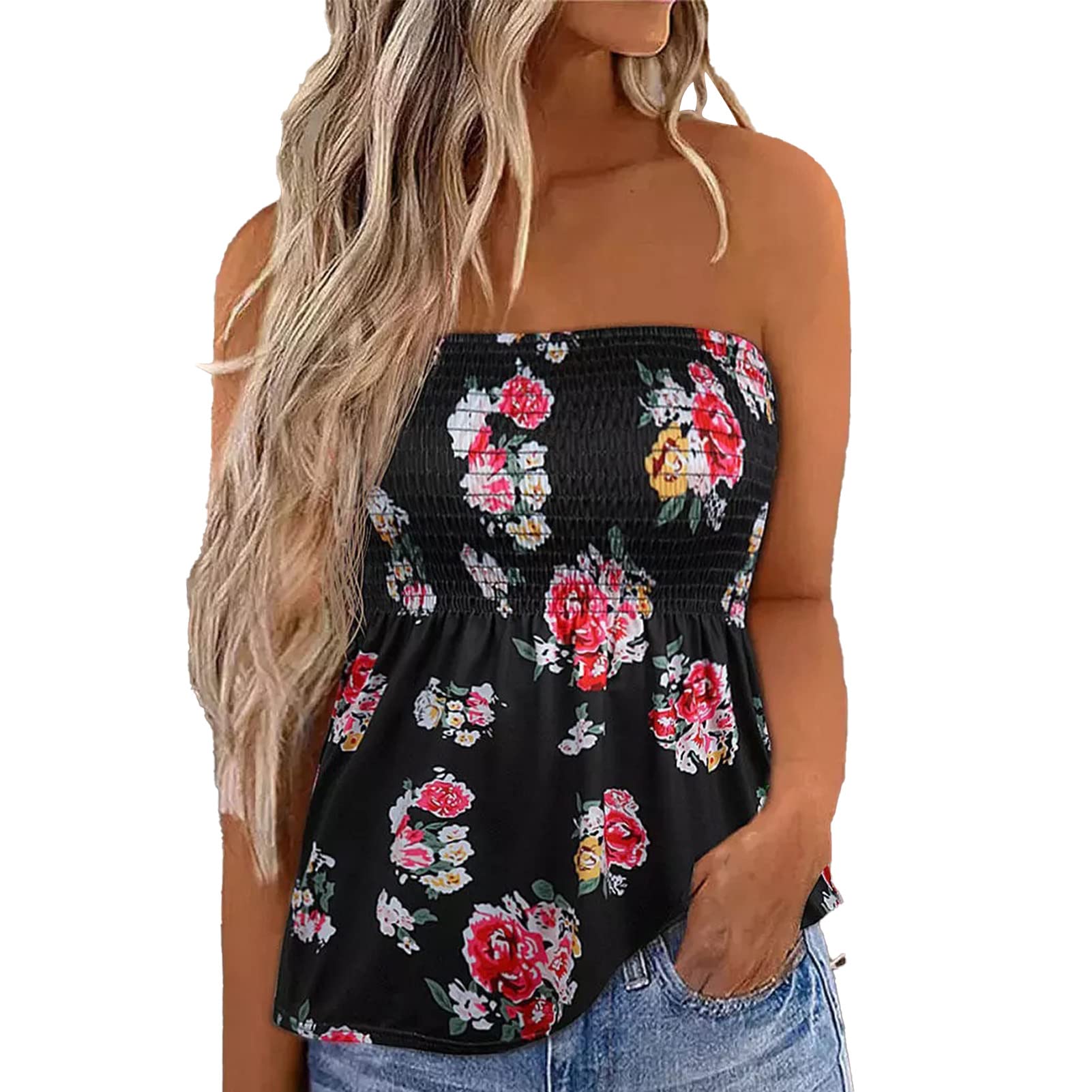 Estink Women's Ruched Tube Tops - Strapless Bandeau Pleated Print Sleeveless Slim Fit Vest for Summer, Beach, Party & Casual Wear