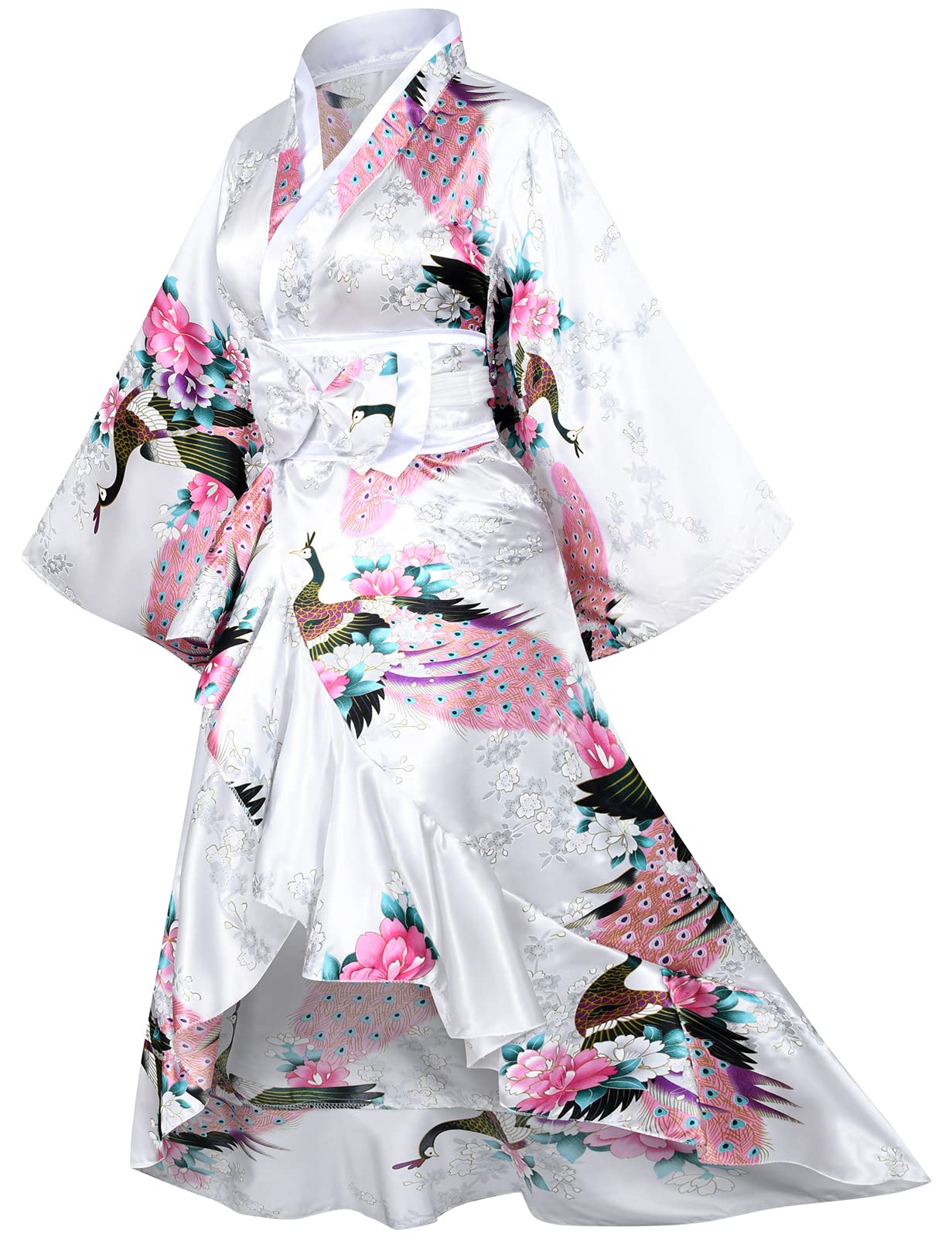 Elegant Women's Kimono Robe - Japanese Geisha Yukata with Sweet Tuxedo Ruffle & Blossom Satin - Luxurious Bathrobe & Sleepwear Set with Tabi Socks - Perfect for Spa, Loungewear, Cosplay & Special Occasions